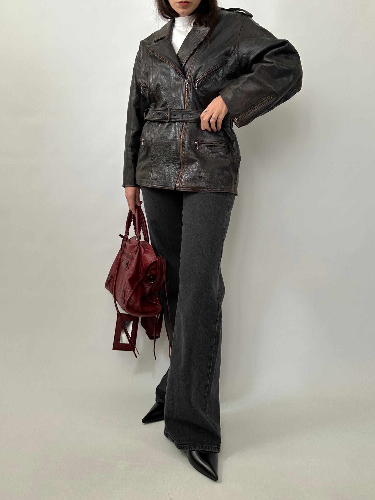Vintage Dark Brown Leather Belted Jacket