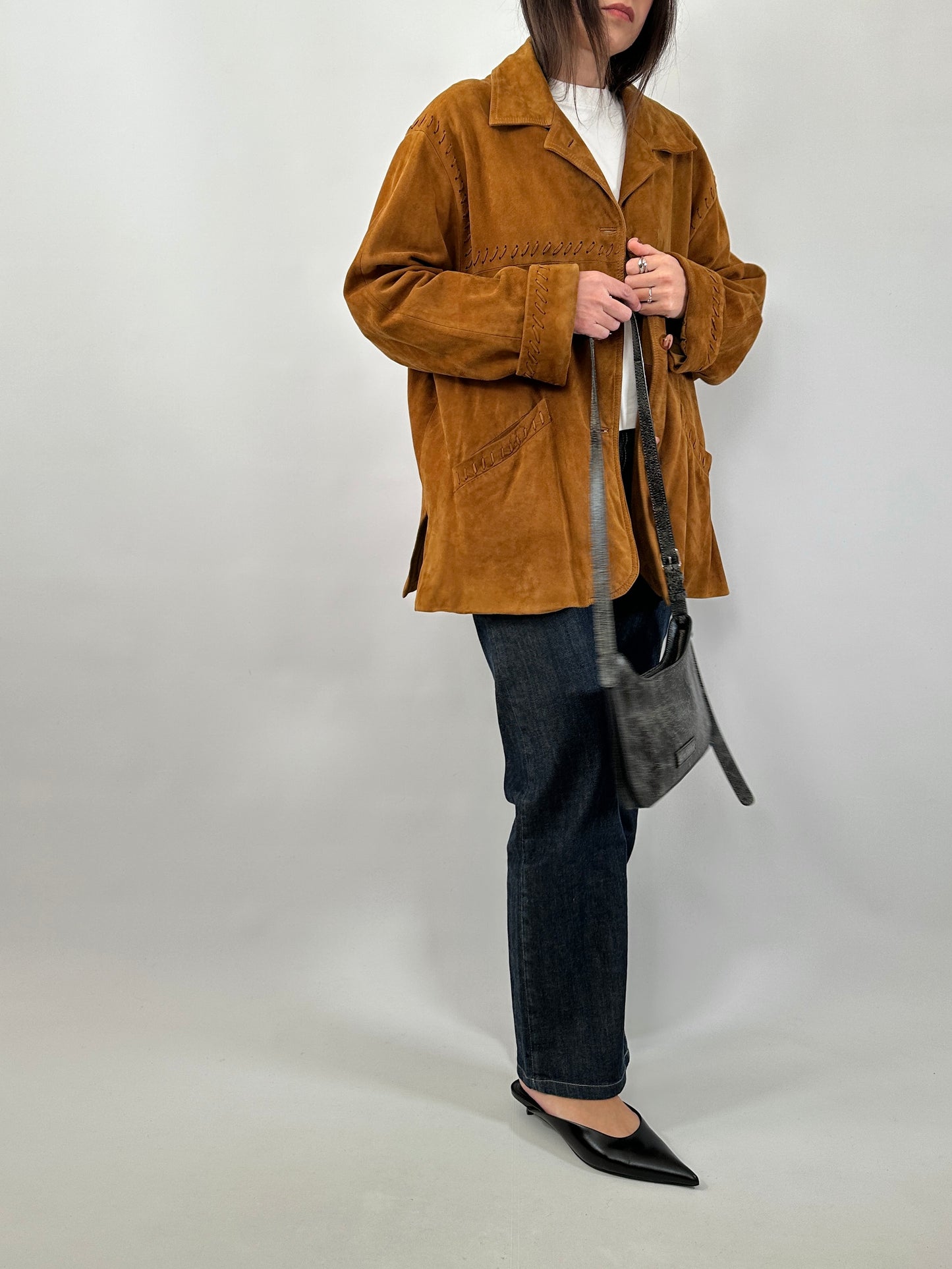 Vintage Suede Jacket with Cross-Stitch Details
