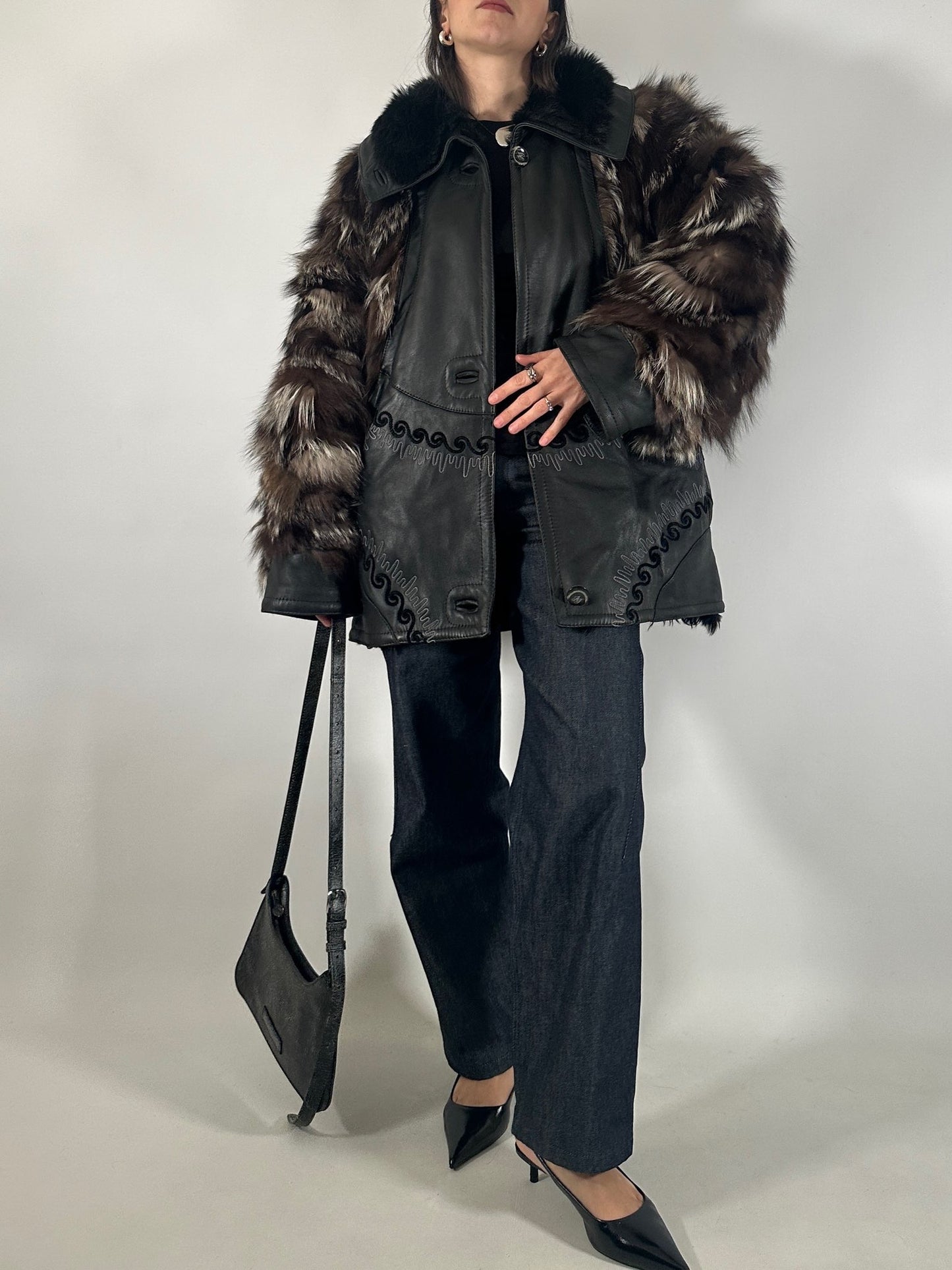 Embroidered Shearling Jacket with Fur Sleeves