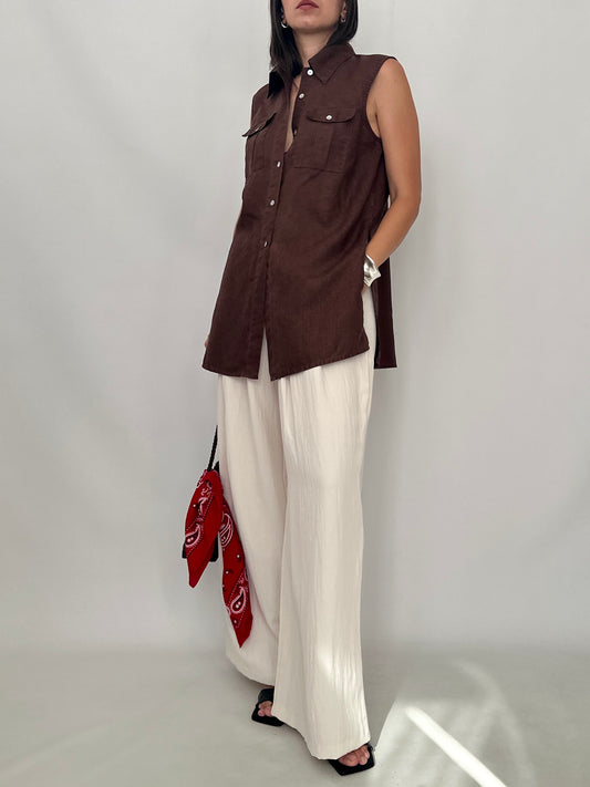 Sleeveless Long Linen Utility Shirt