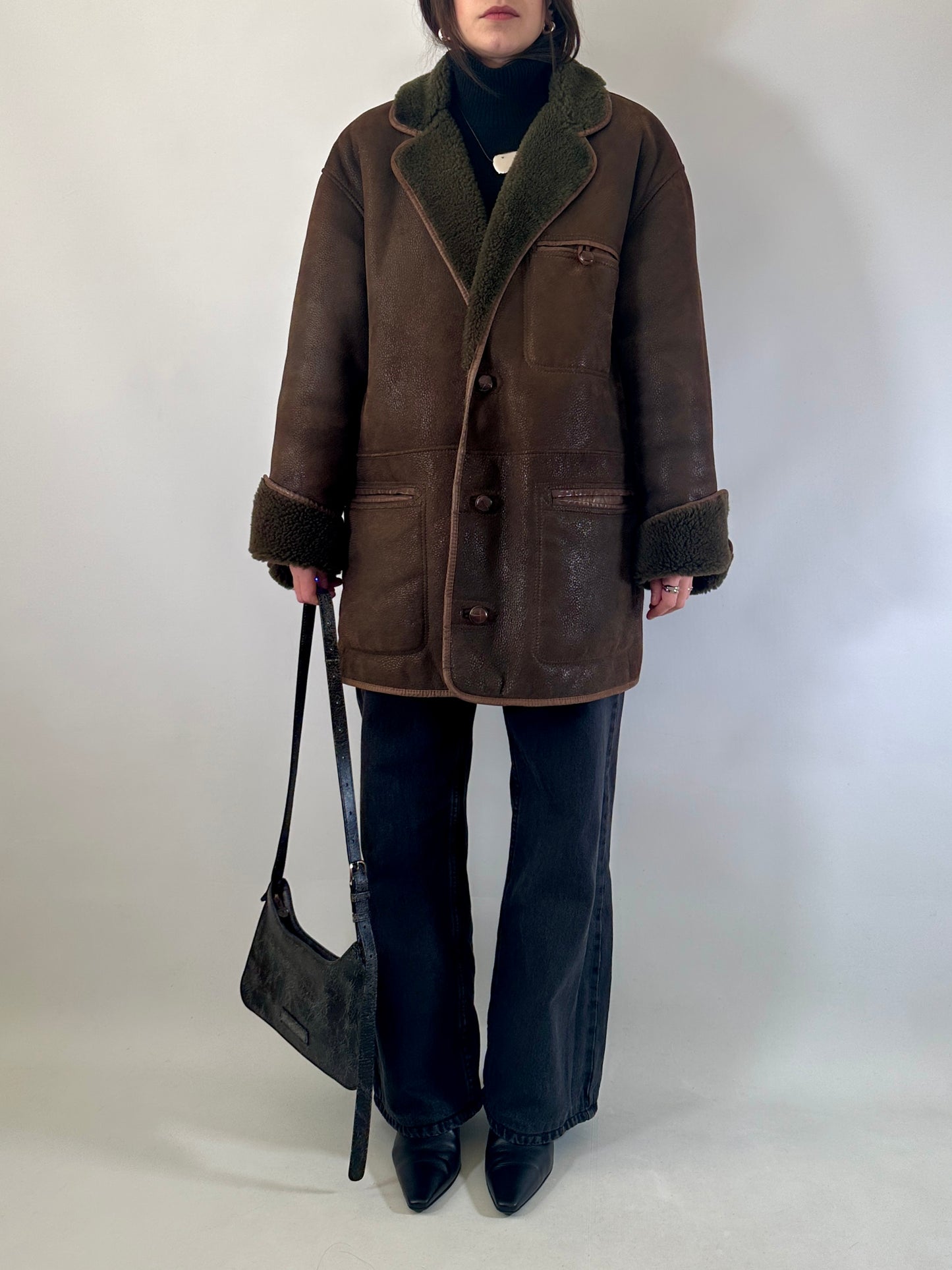 Original vintage wild shearling in brown & green
