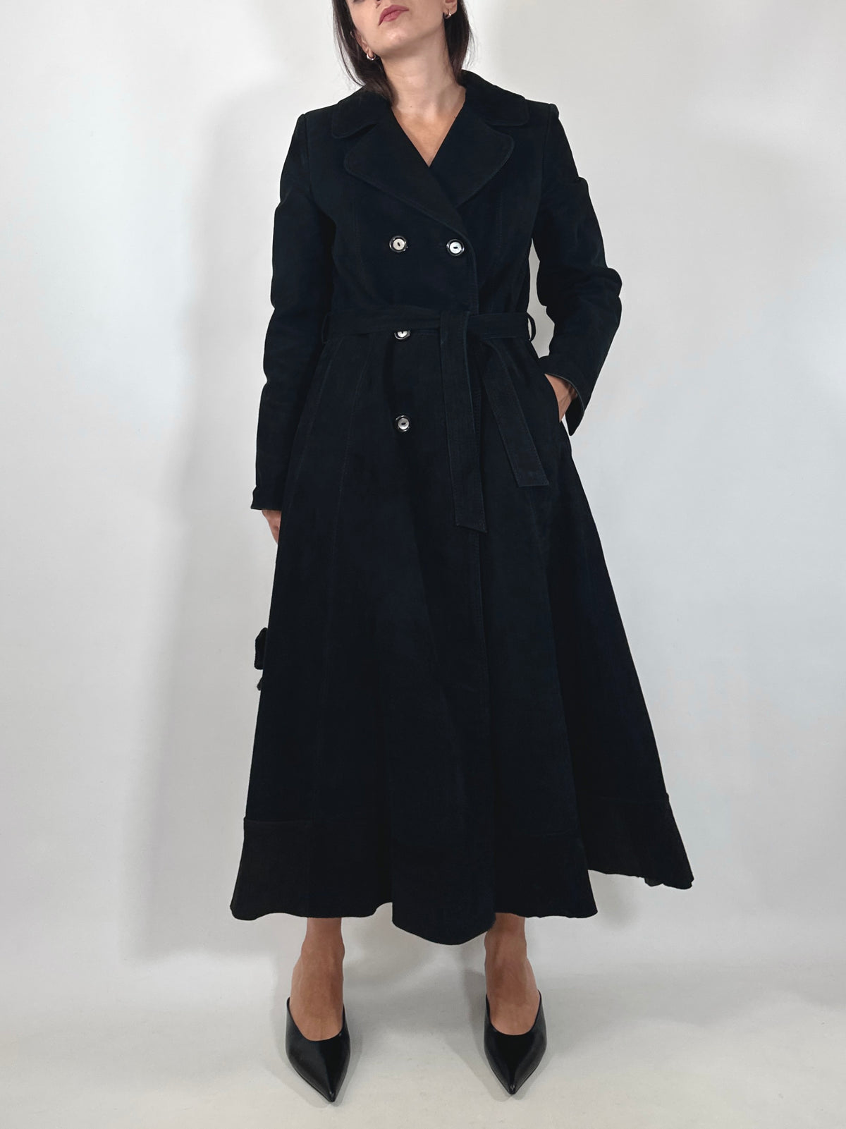 Suede Leather Belted Trench Coat