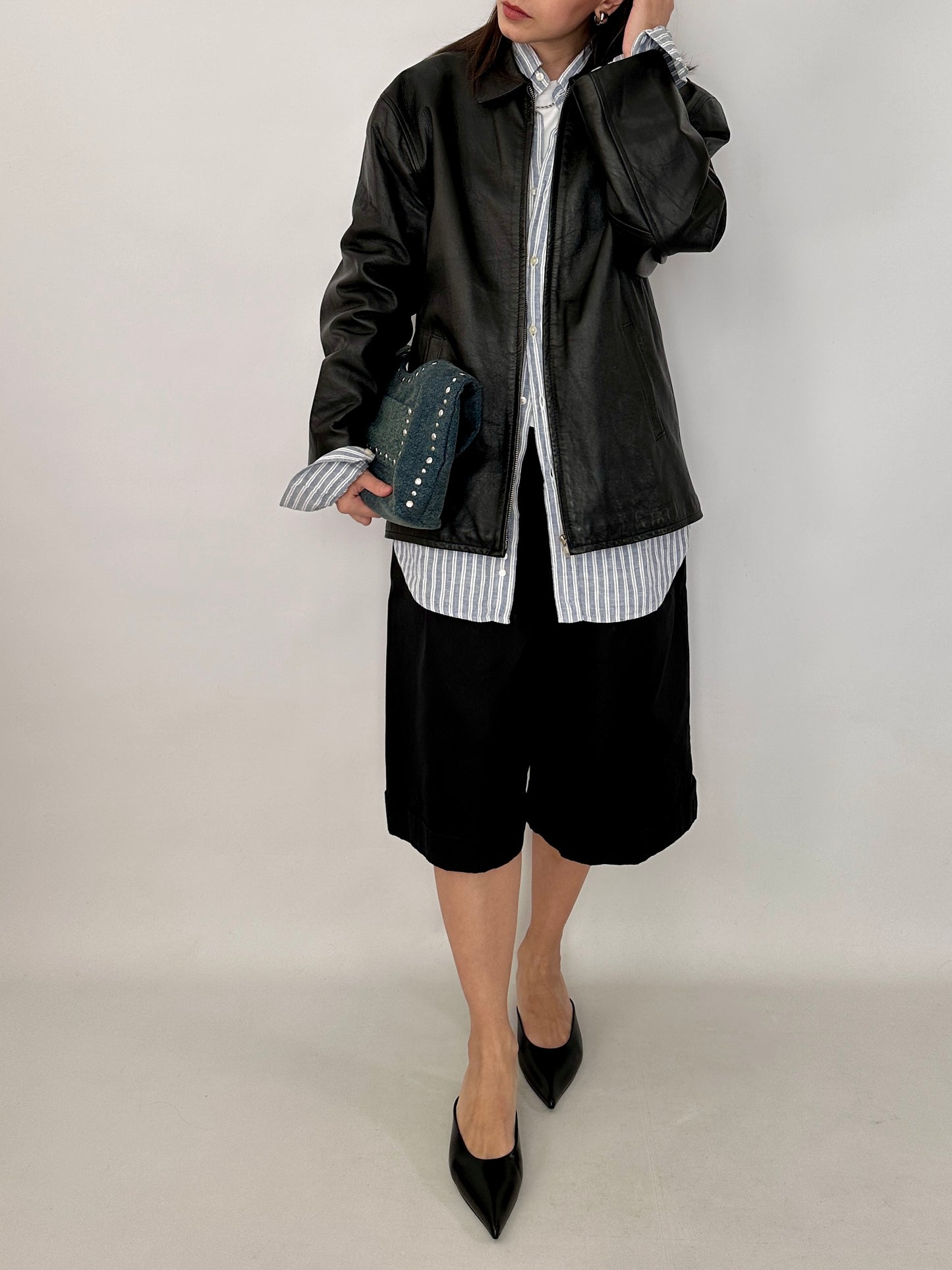 Relaxed fit leather zipped jacket