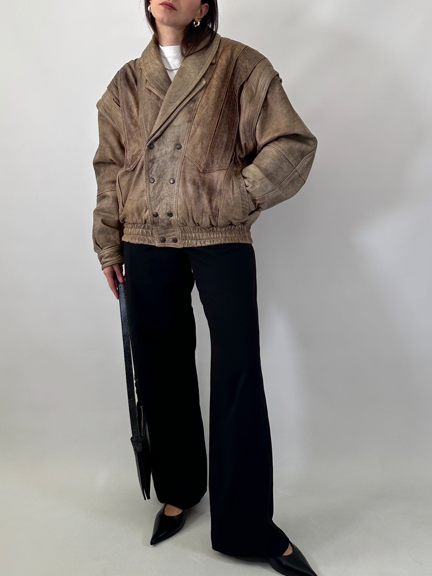 80s bomber jacket in distressed leather