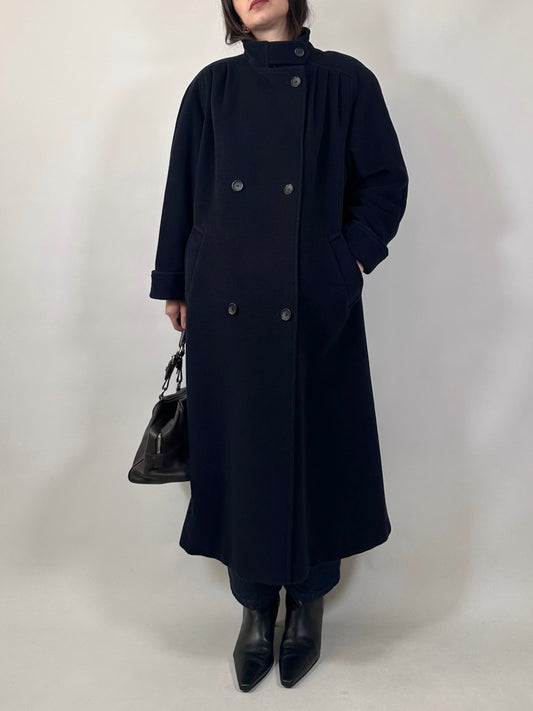 Vintage Long Blue Coat with Pleated Shoulder Detail