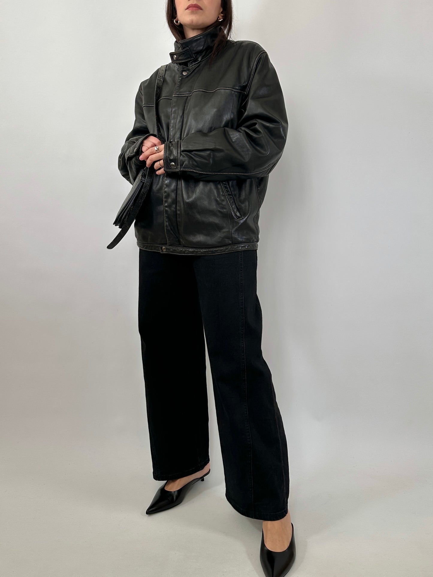 Vintage Leather Jacket with Stand Collar and Contrast Stitching