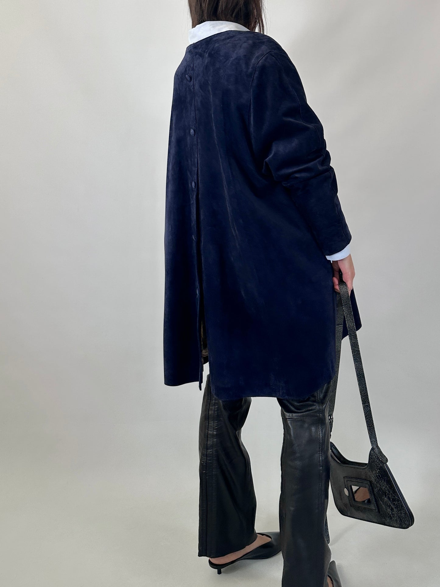 Vintage suede coat with back button detail