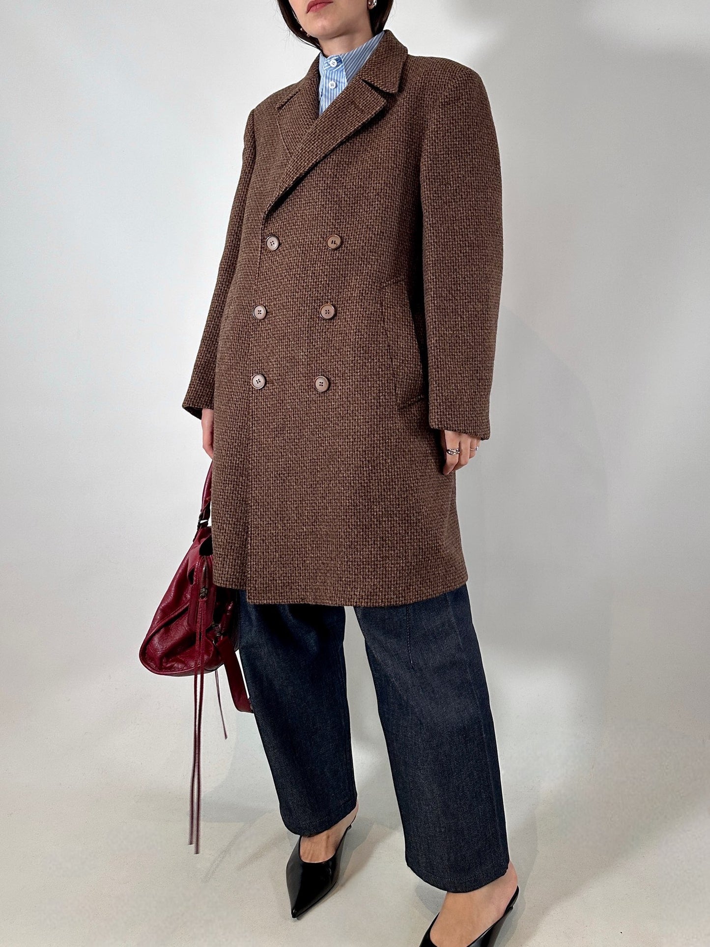 Brown tweed double-breasted coat