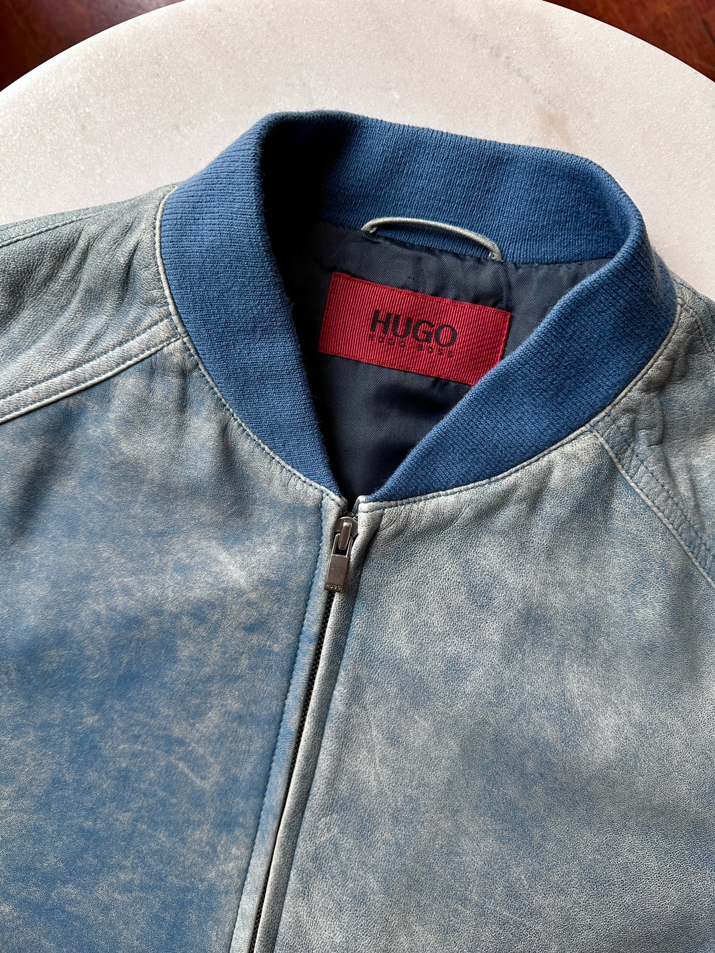 Hugo Boss bomber in distressed sky blue lamb leather