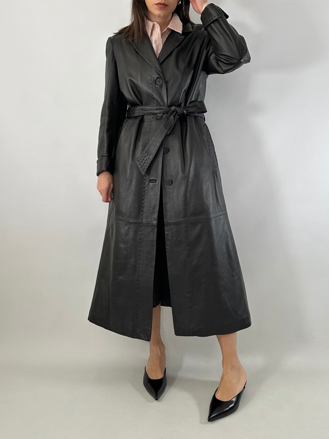 Extra-long nappa leather vintage trench coat