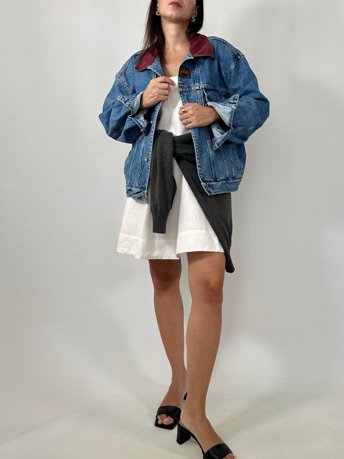 Vintage Denim Trucker Jacket with Burgundy Collar