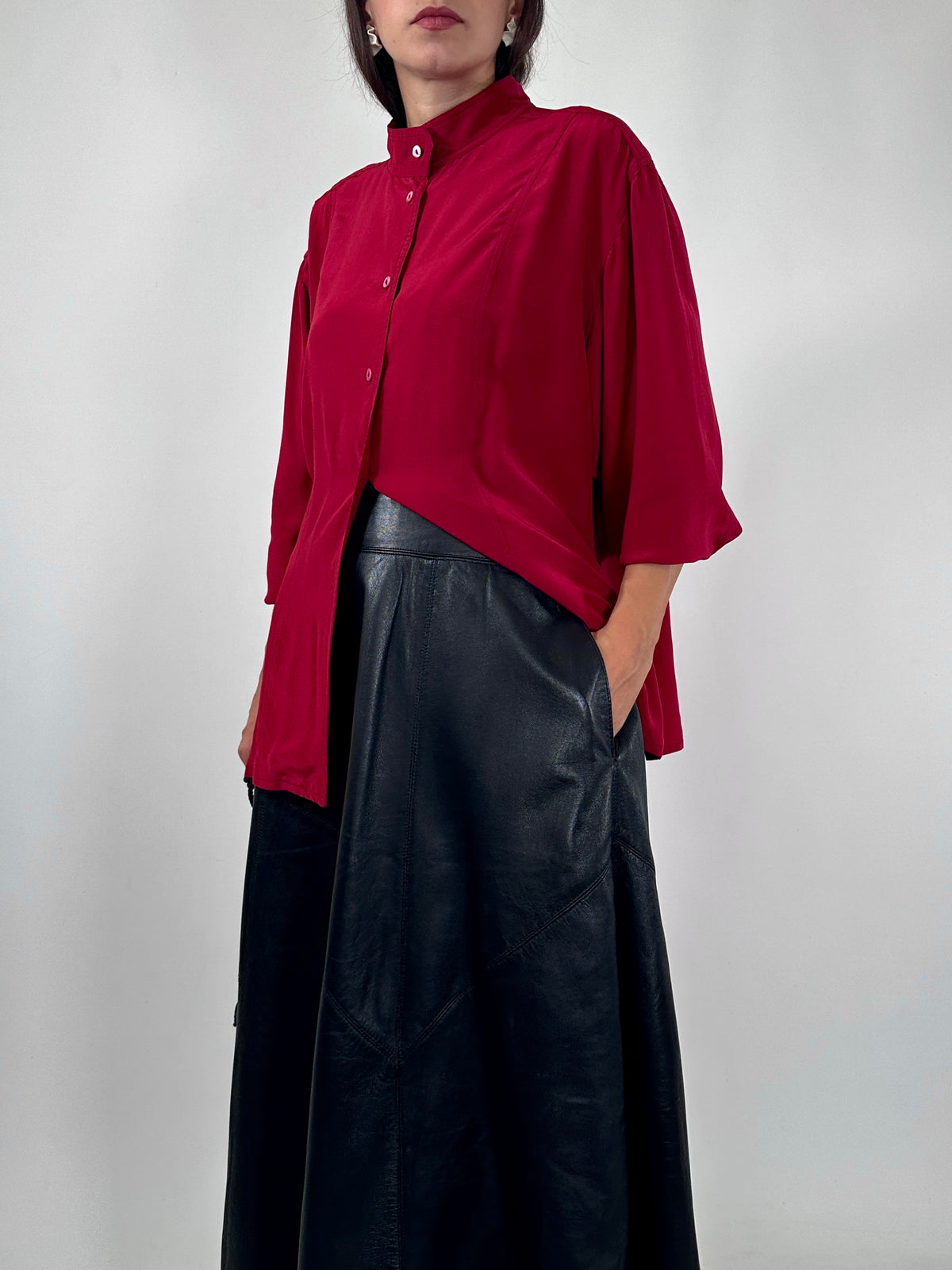 Red Silk Mandarin Collar Shirt