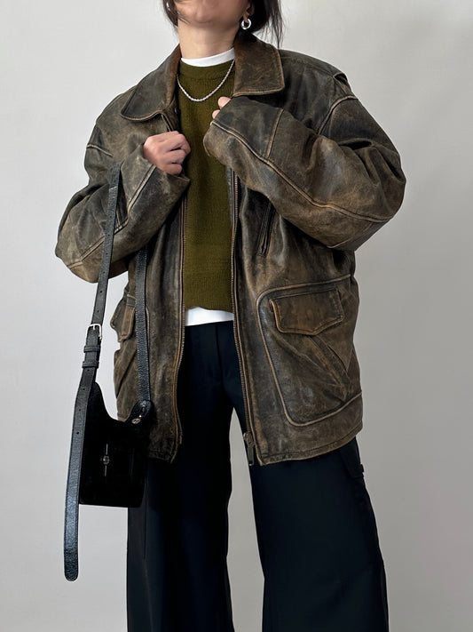 Oversized aviator jacket in distressed real leather