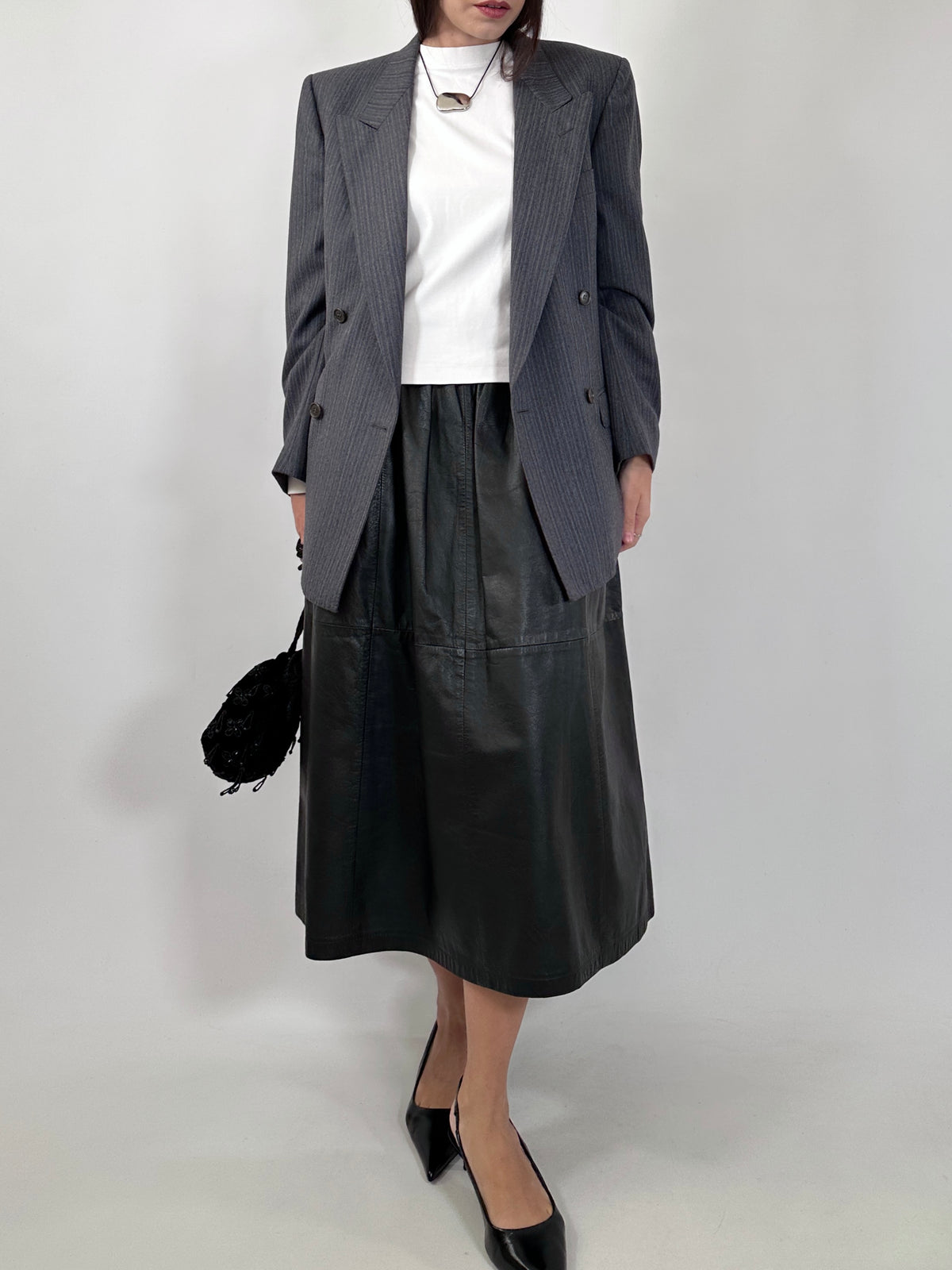 Vintage Black Leather Midi Skirt