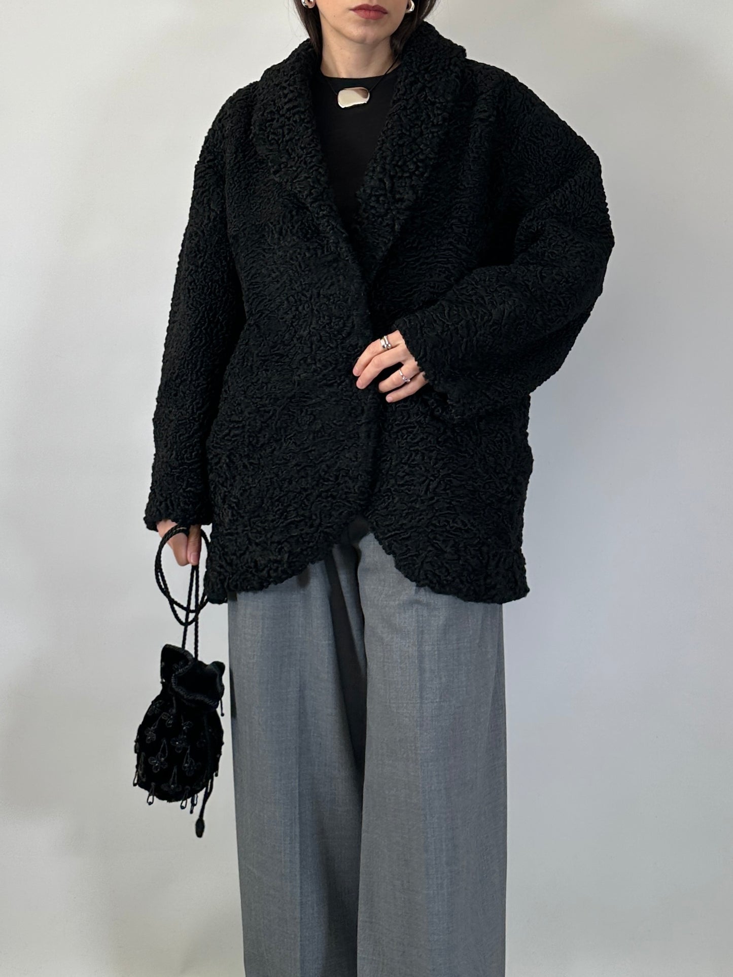 Vintage Black Astrakhan Caban Coat