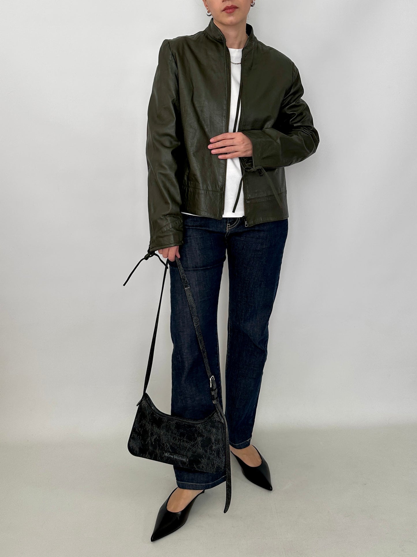 Bow detail vintage green leather jacket