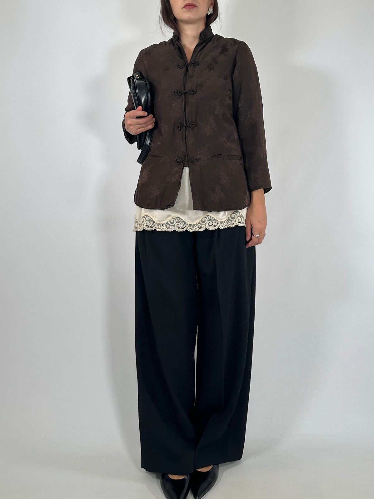 Brown Silk Jacquard Mandarin Jacket