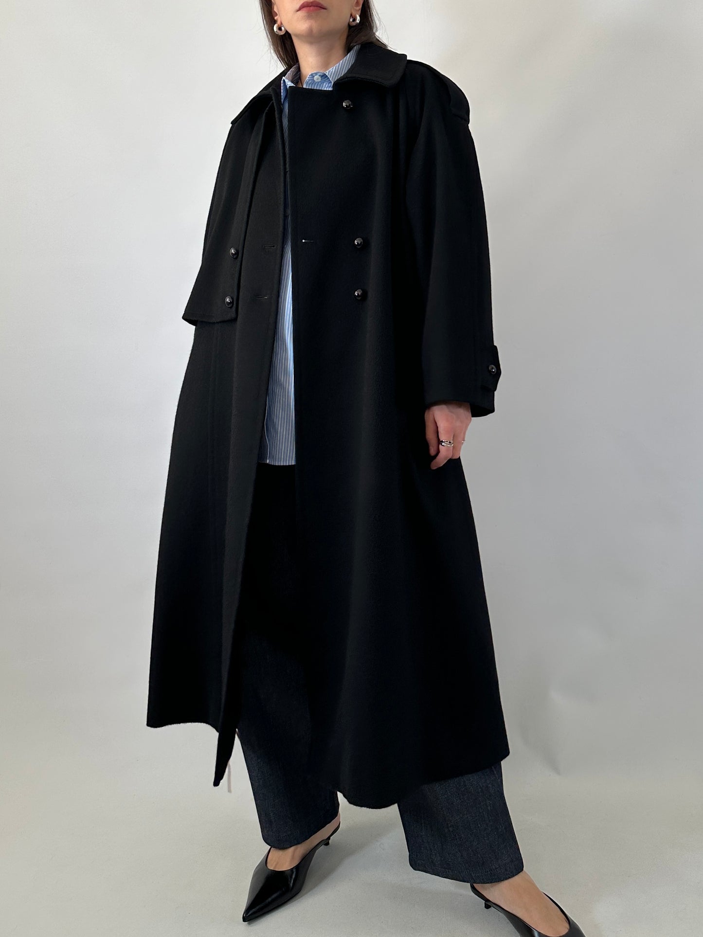 Vintage black wool coat with cape detail