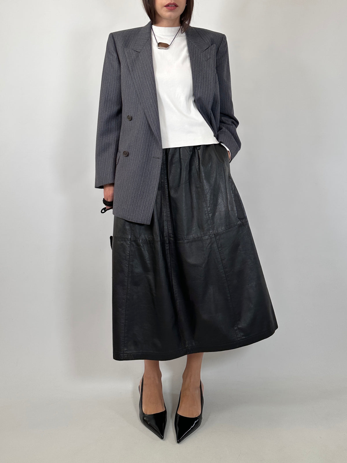 Vintage Black Leather Midi Skirt