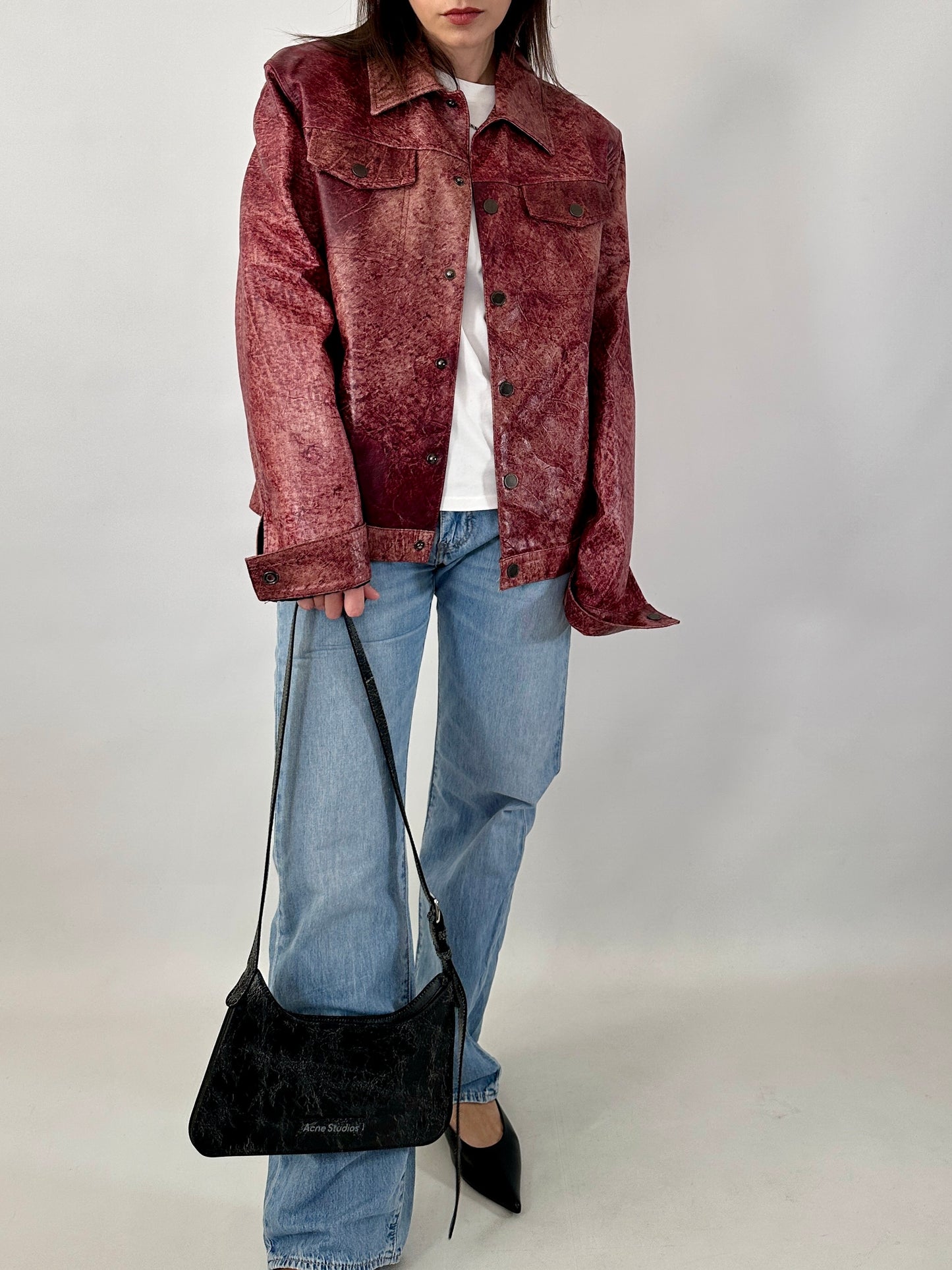 Red marble leather trucker jacket