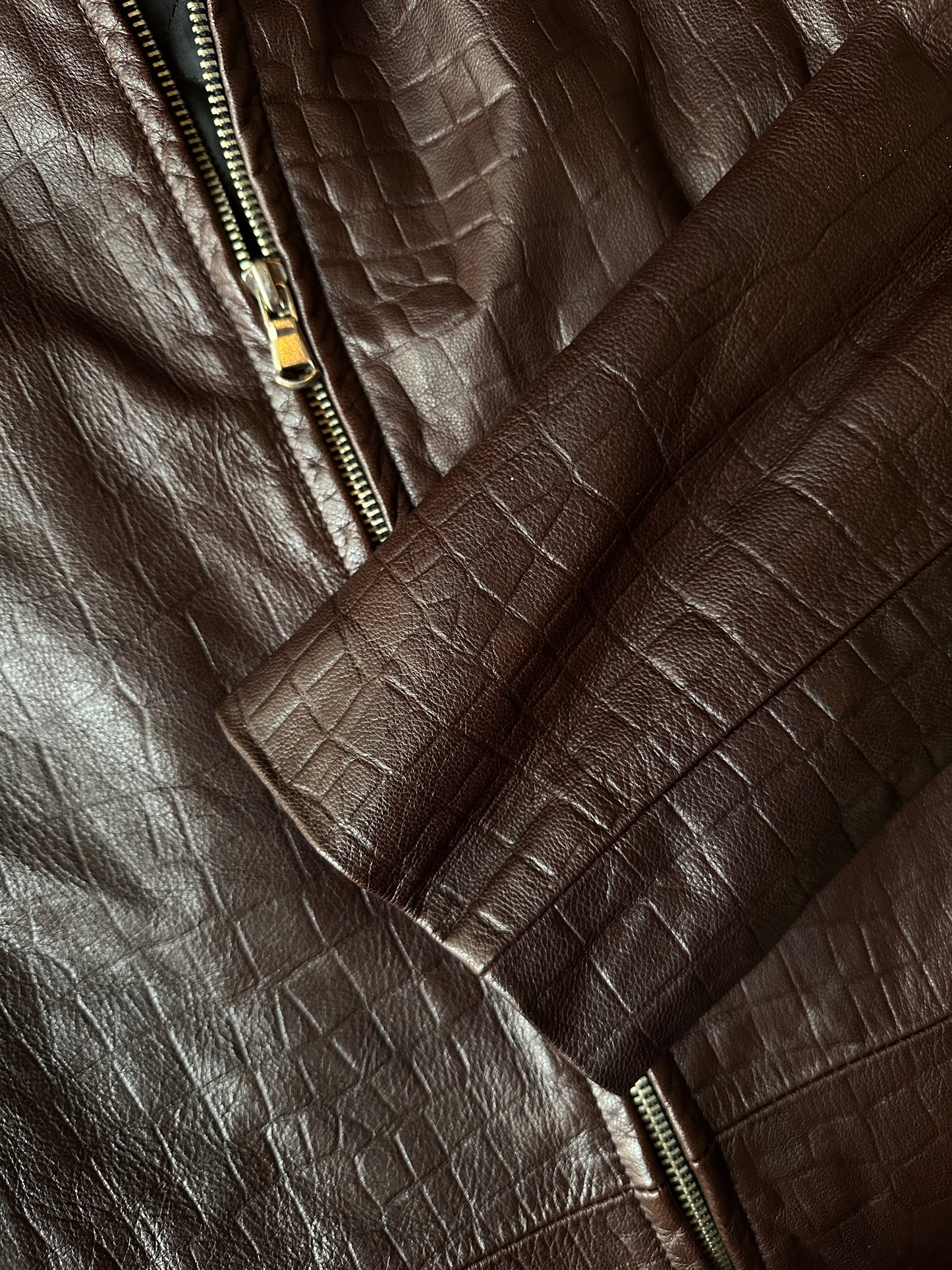 Brown croc-print genuine leather jacket