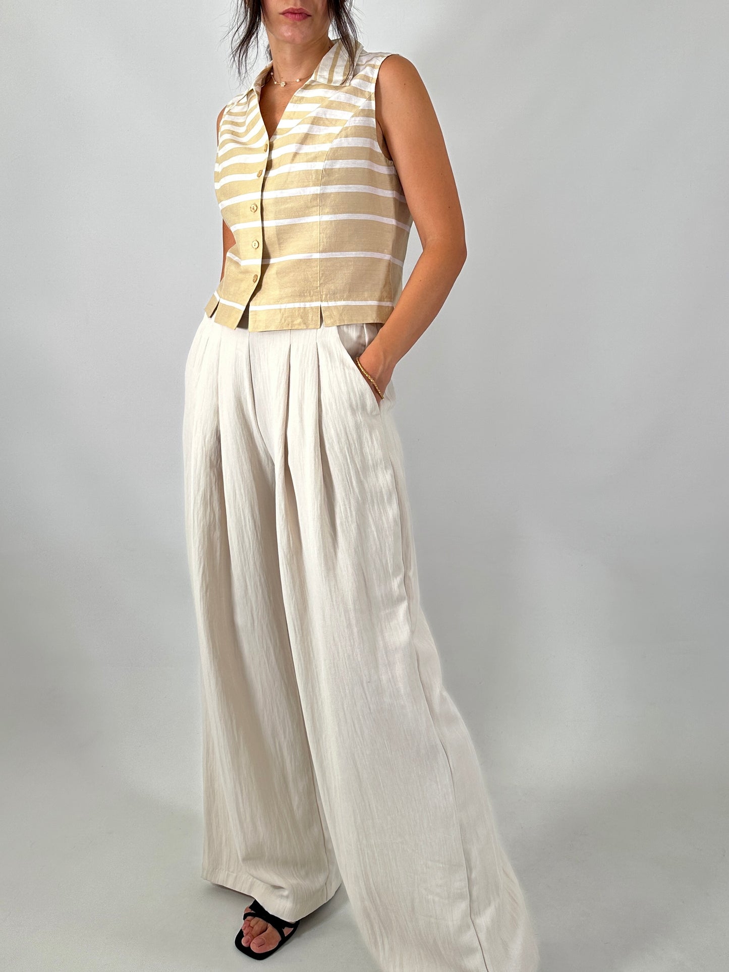 Striped linen blend crop shirt