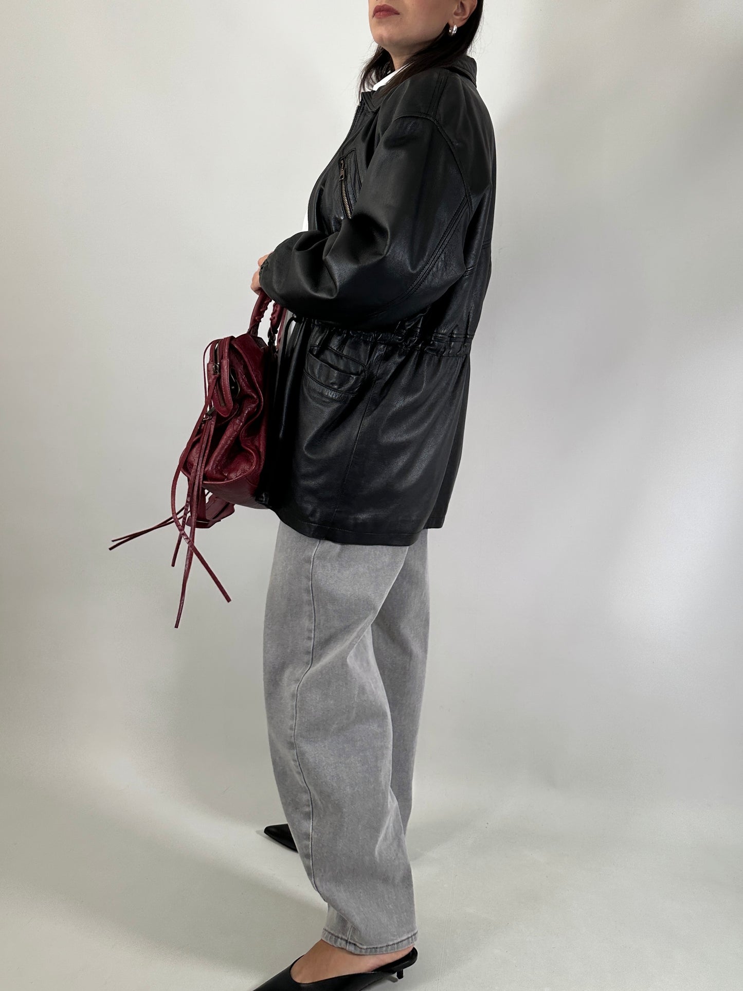 Vintage leather jacket with waist tie detail