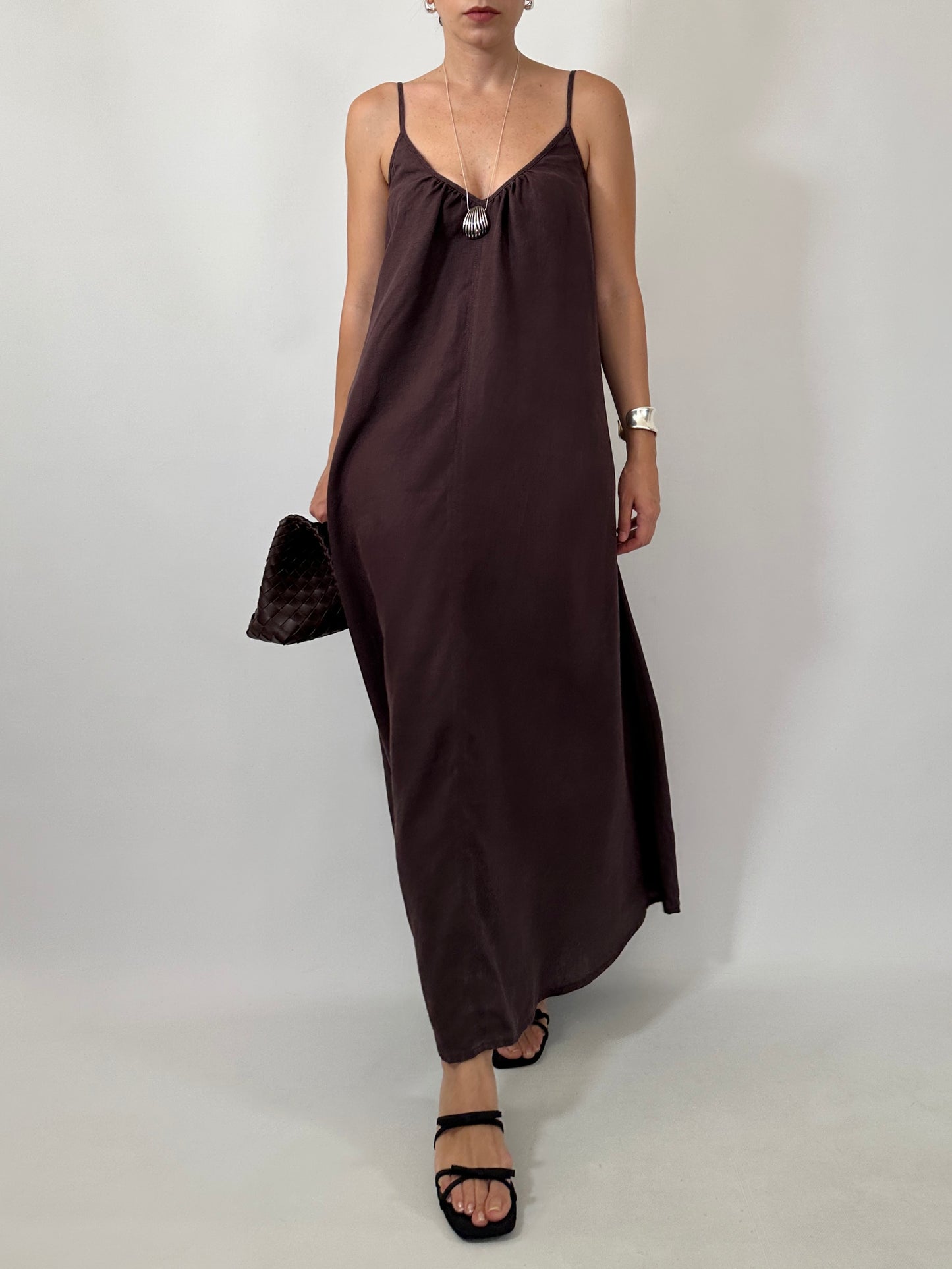 Chocolate Brown 100% Linen Maxi Dress