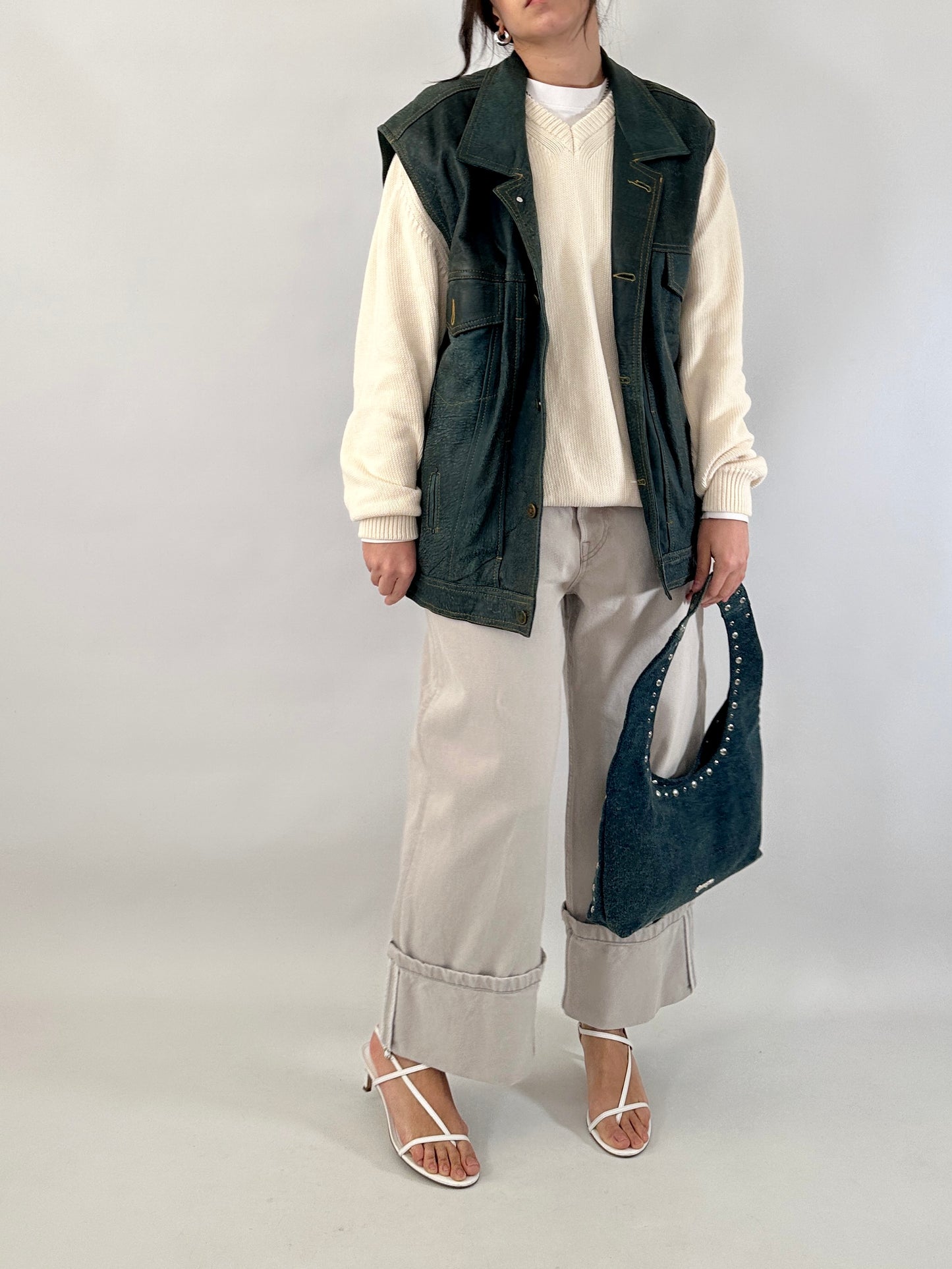 Genuine leather vest denim effect