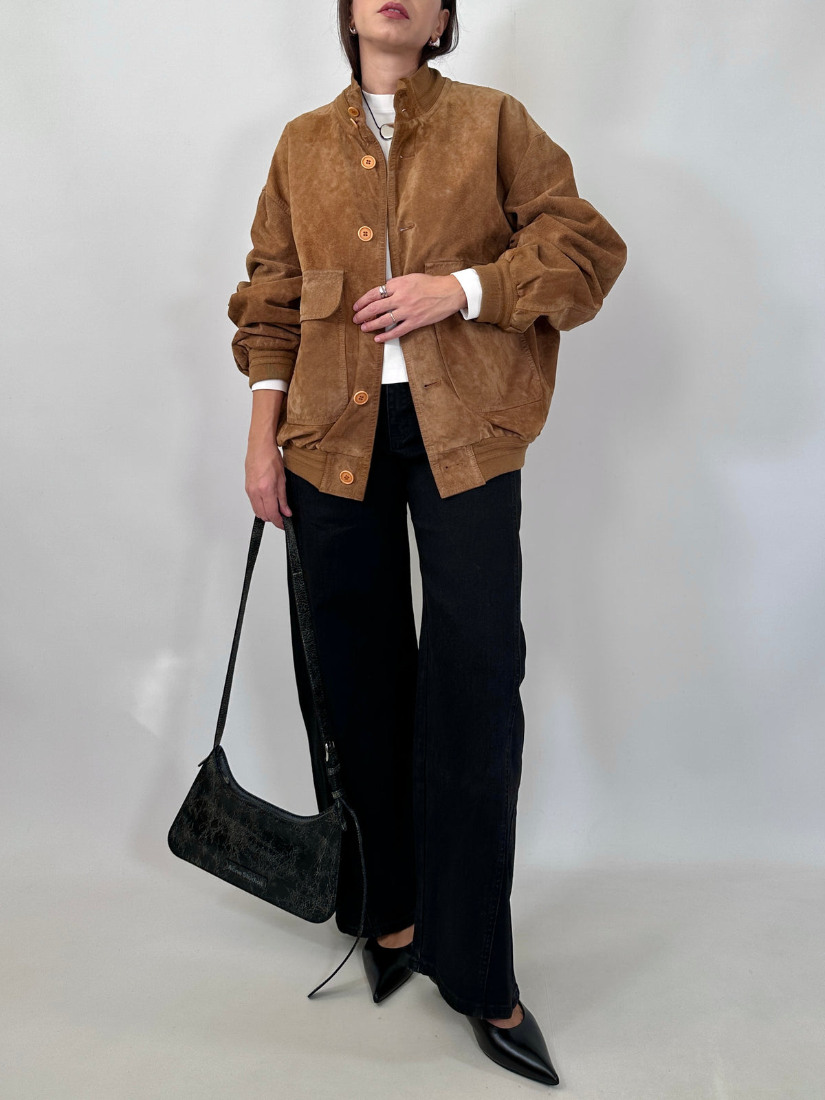 Cognac Suede Bomber Jacket
