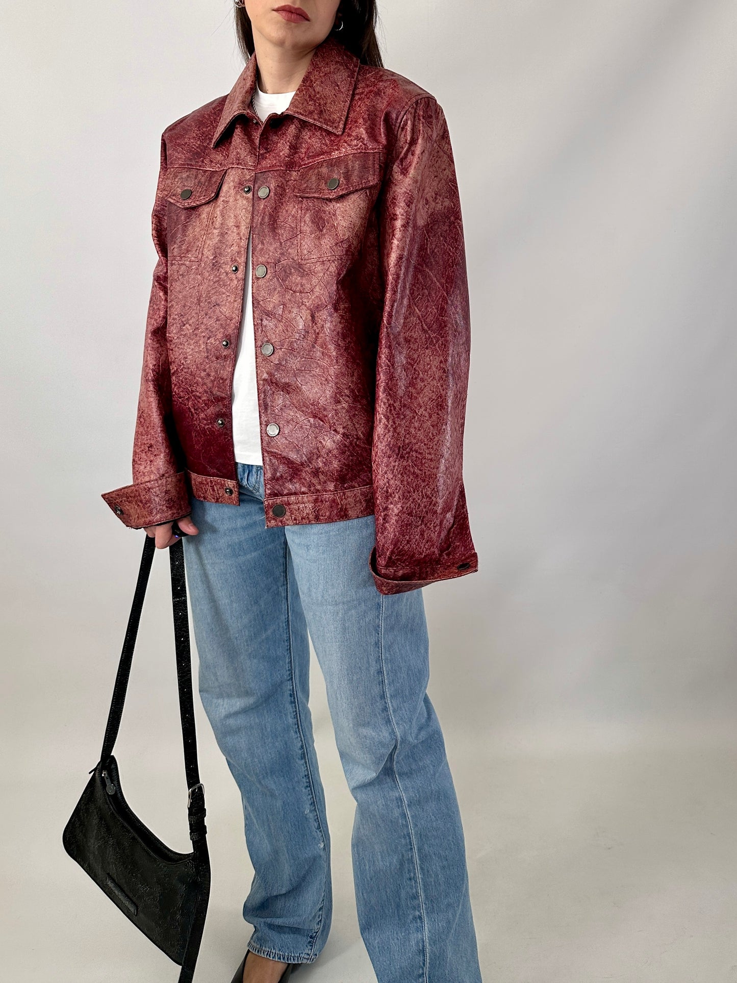 Red marble leather trucker jacket