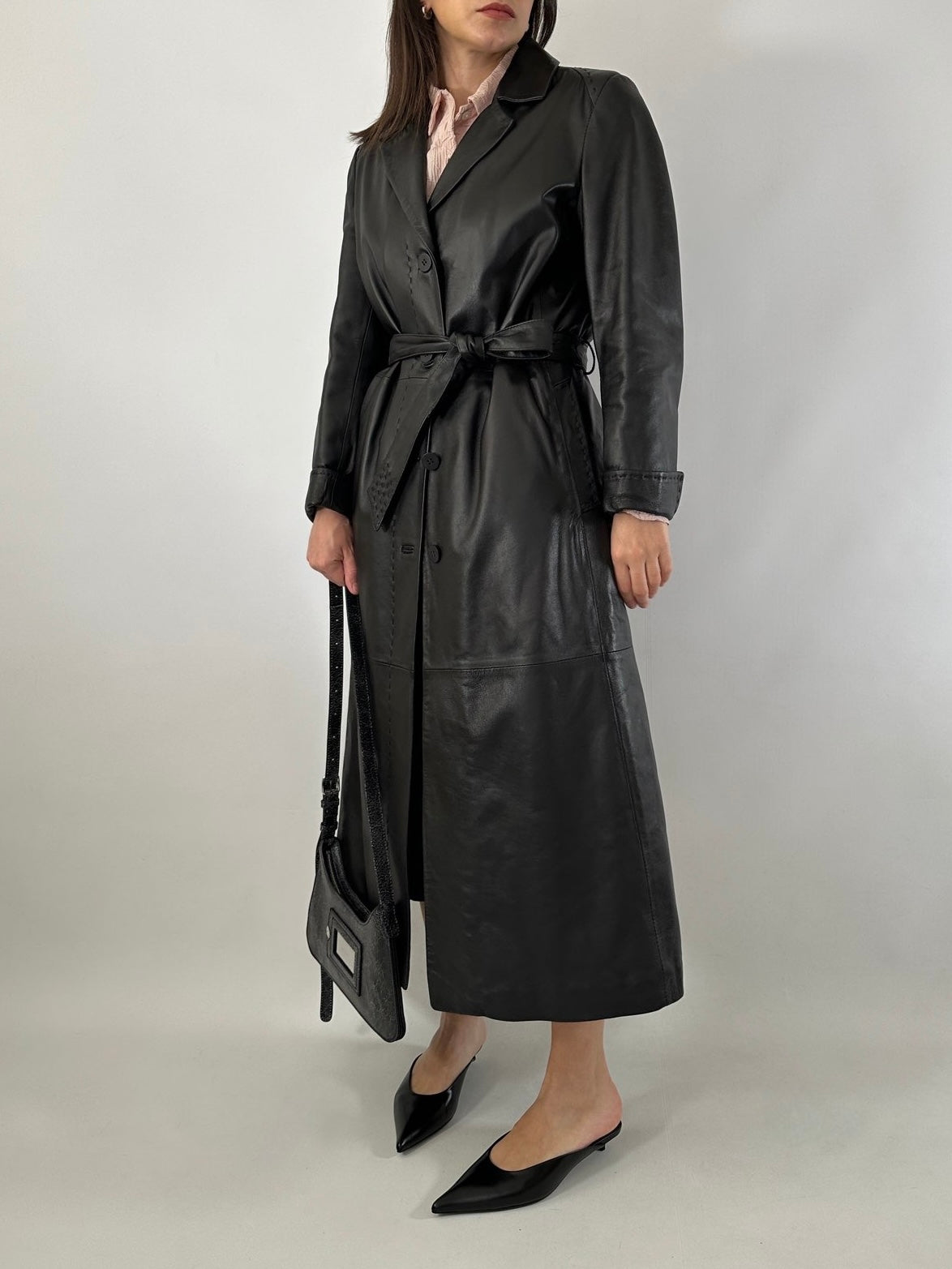 Extra-long nappa leather vintage trench coat