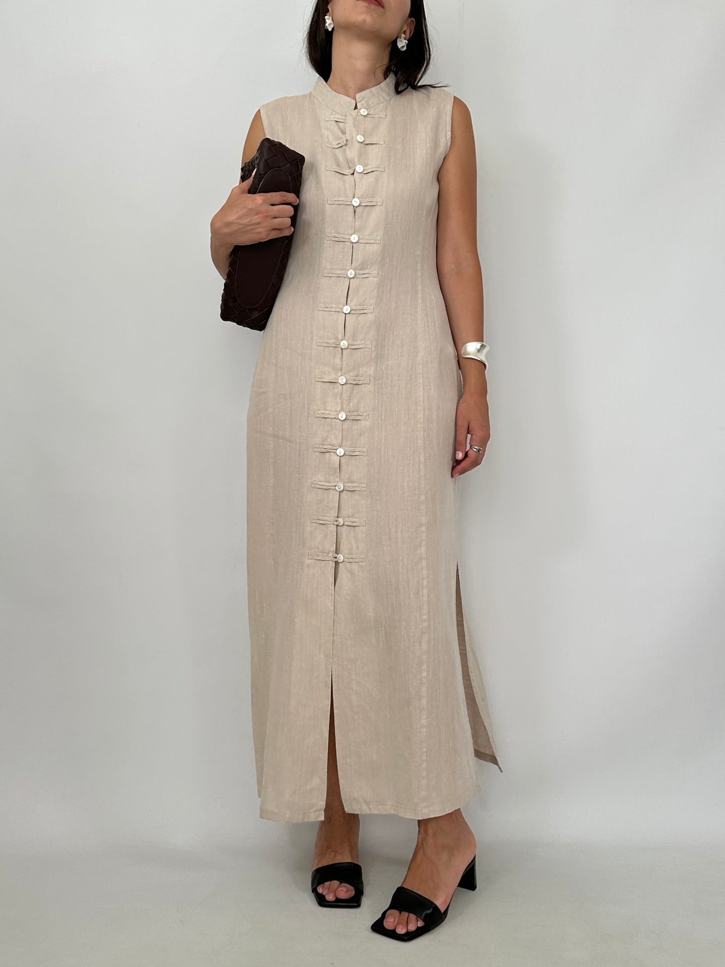 Pure Linen Mandarin Midi Dress