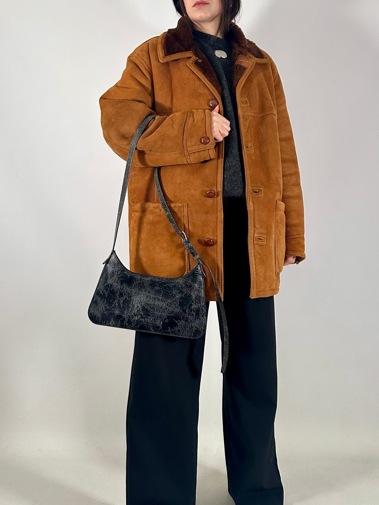 Vintage shearling coat in soft suede leather