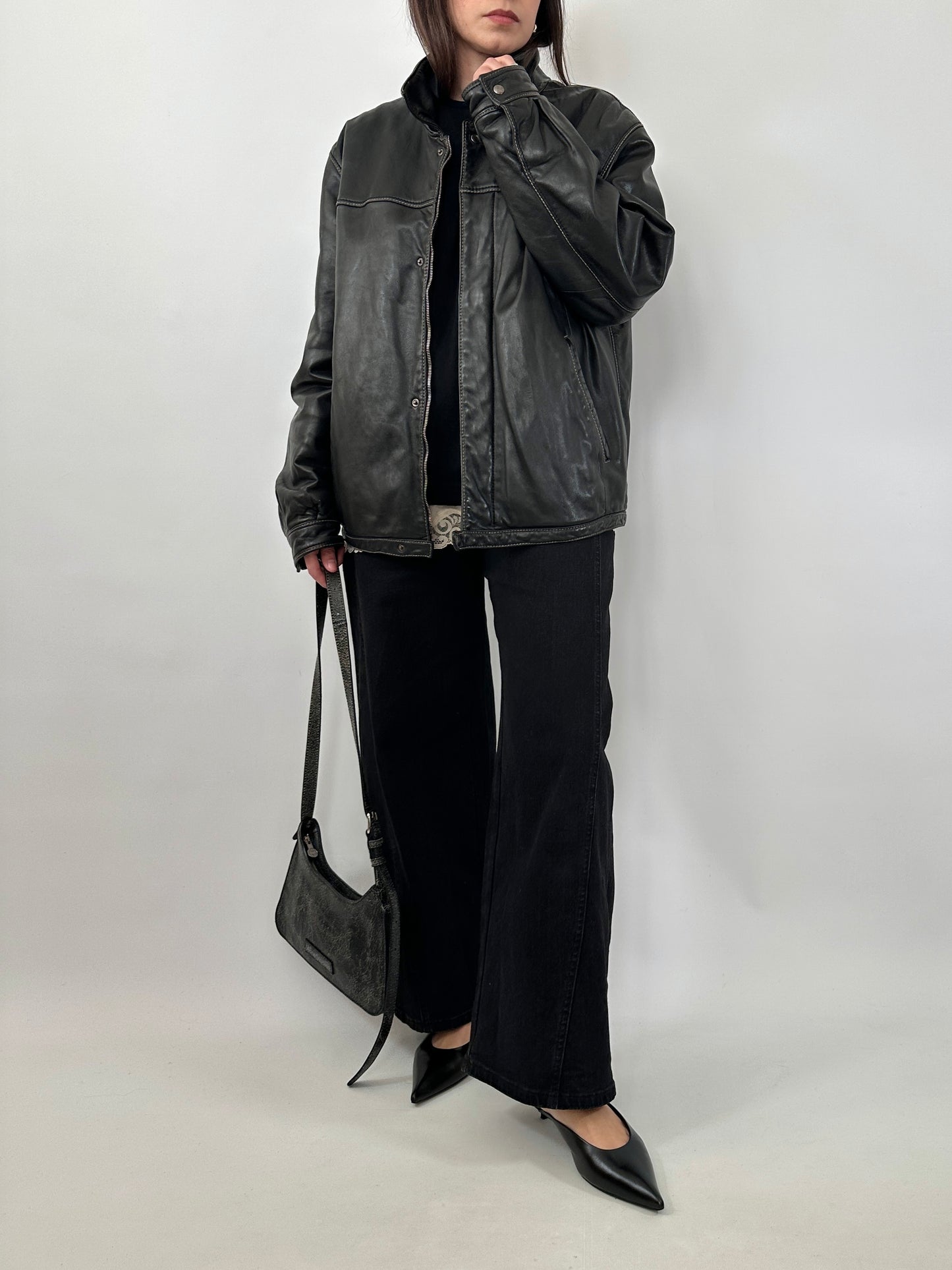 Vintage Leather Jacket with Stand Collar and Contrast Stitching