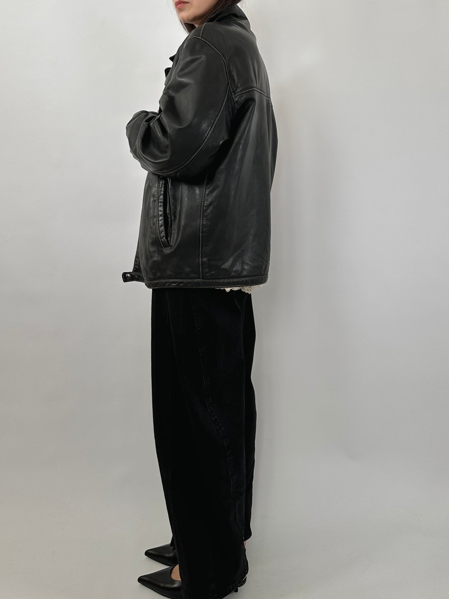 Vintage Leather Jacket with Stand Collar and Contrast Stitching