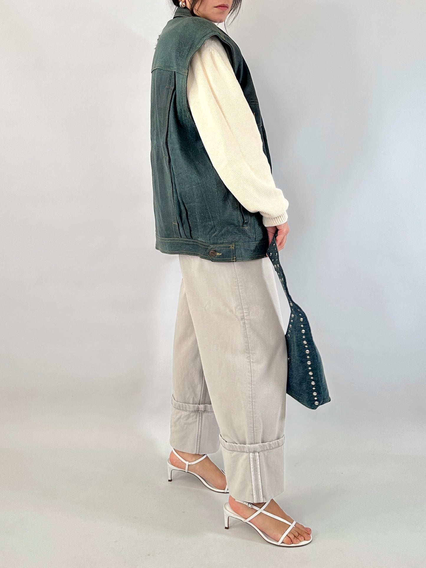 Genuine leather vest denim effect