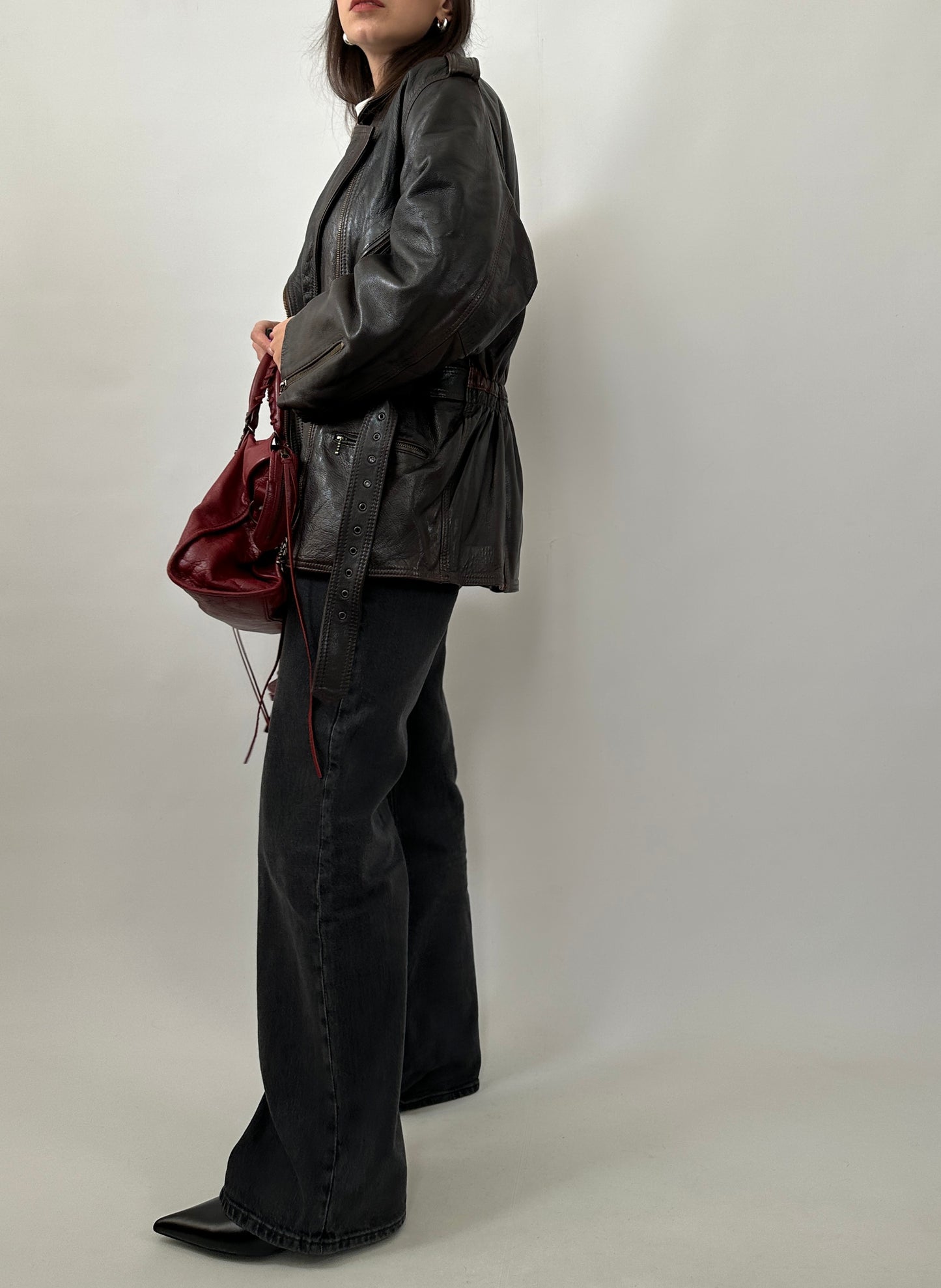 Vintage Dark Brown Leather Belted Jacket