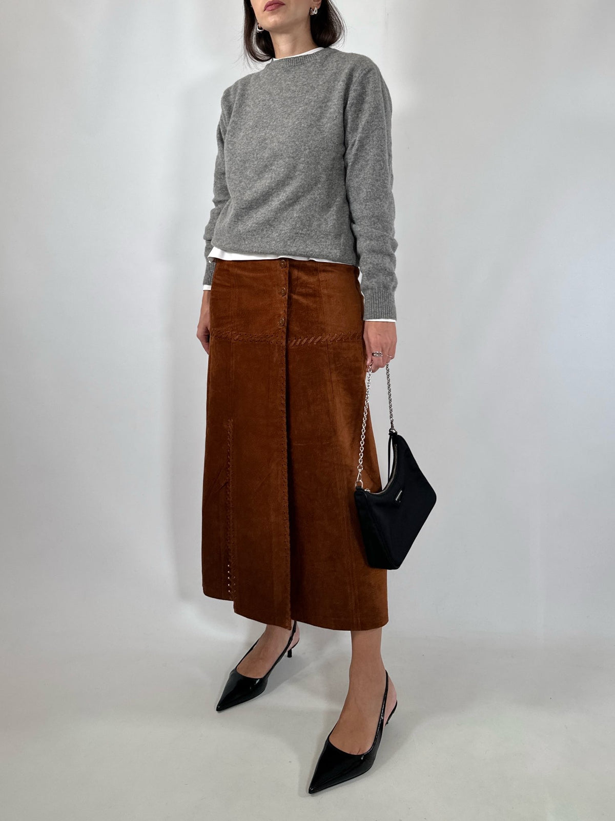 Suede Double Slit Midi Skirt