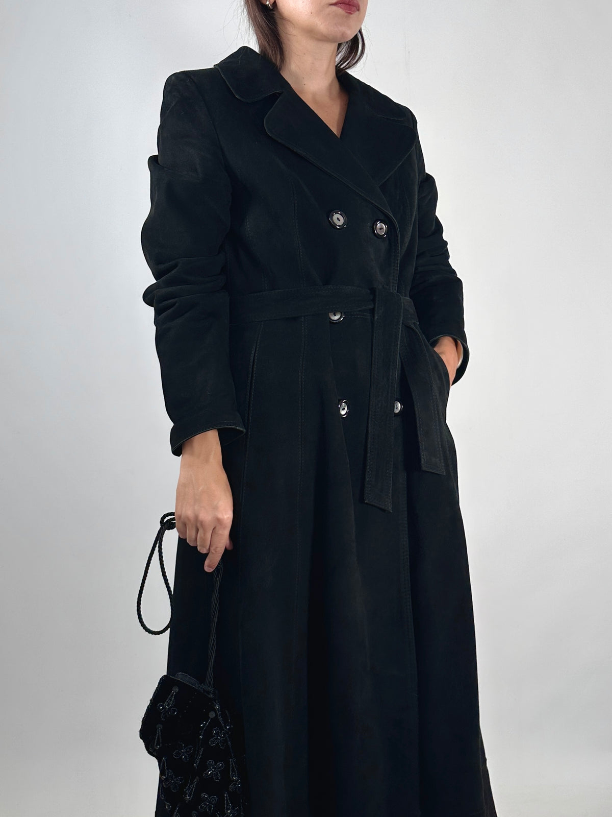 Suede Leather Belted Trench Coat