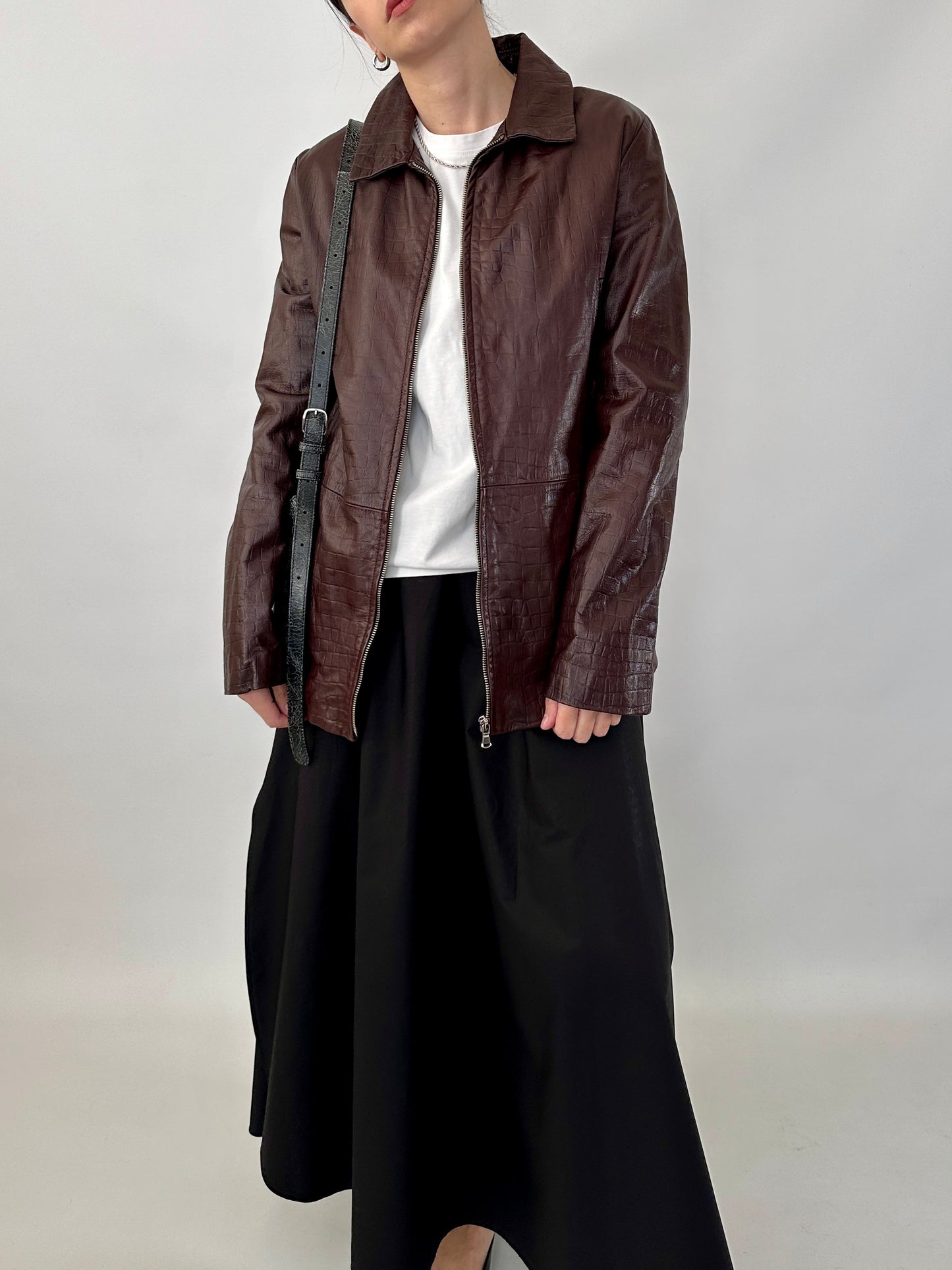 Brown croc-print genuine leather jacket