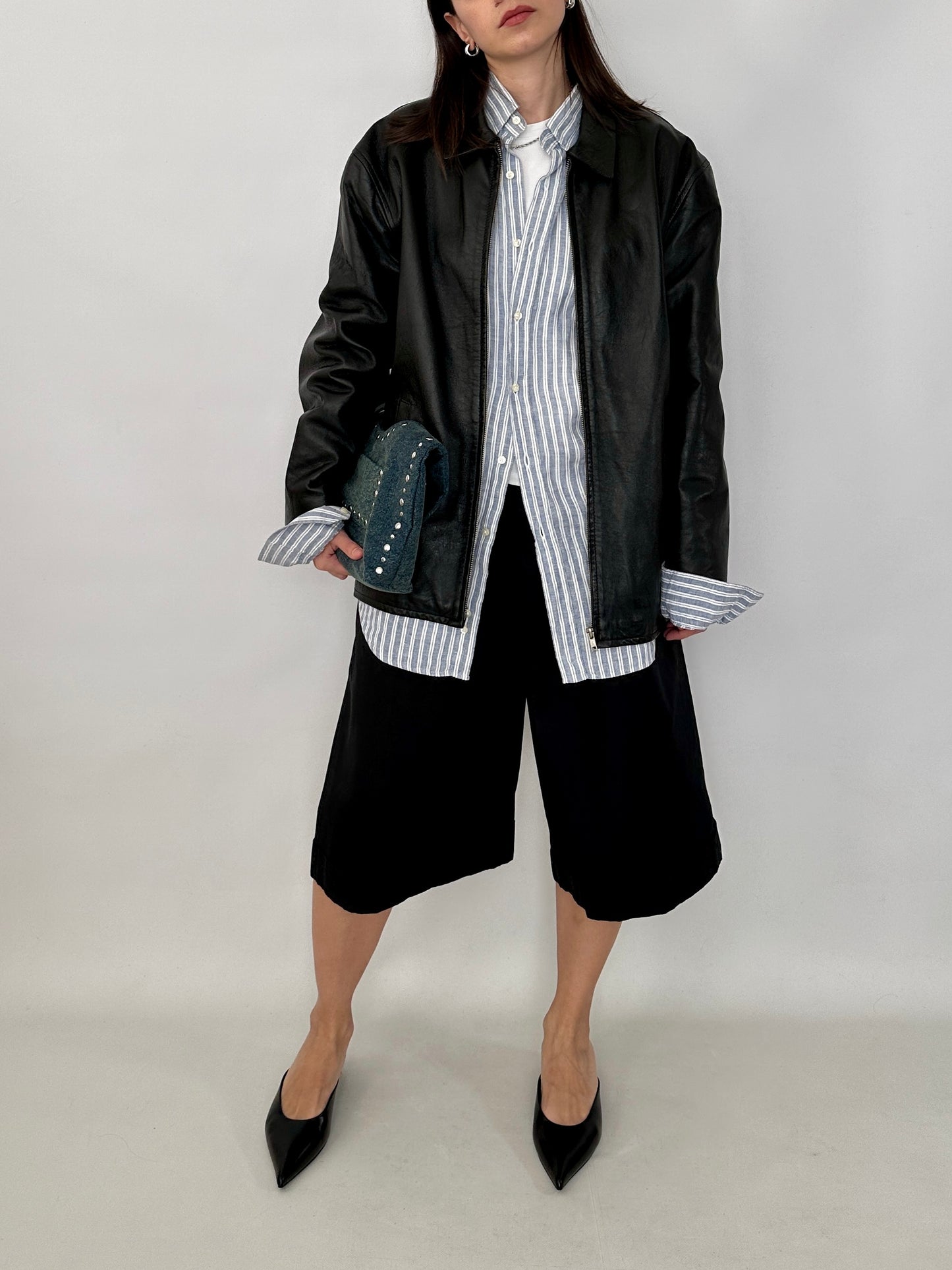 Relaxed fit leather zipped jacket