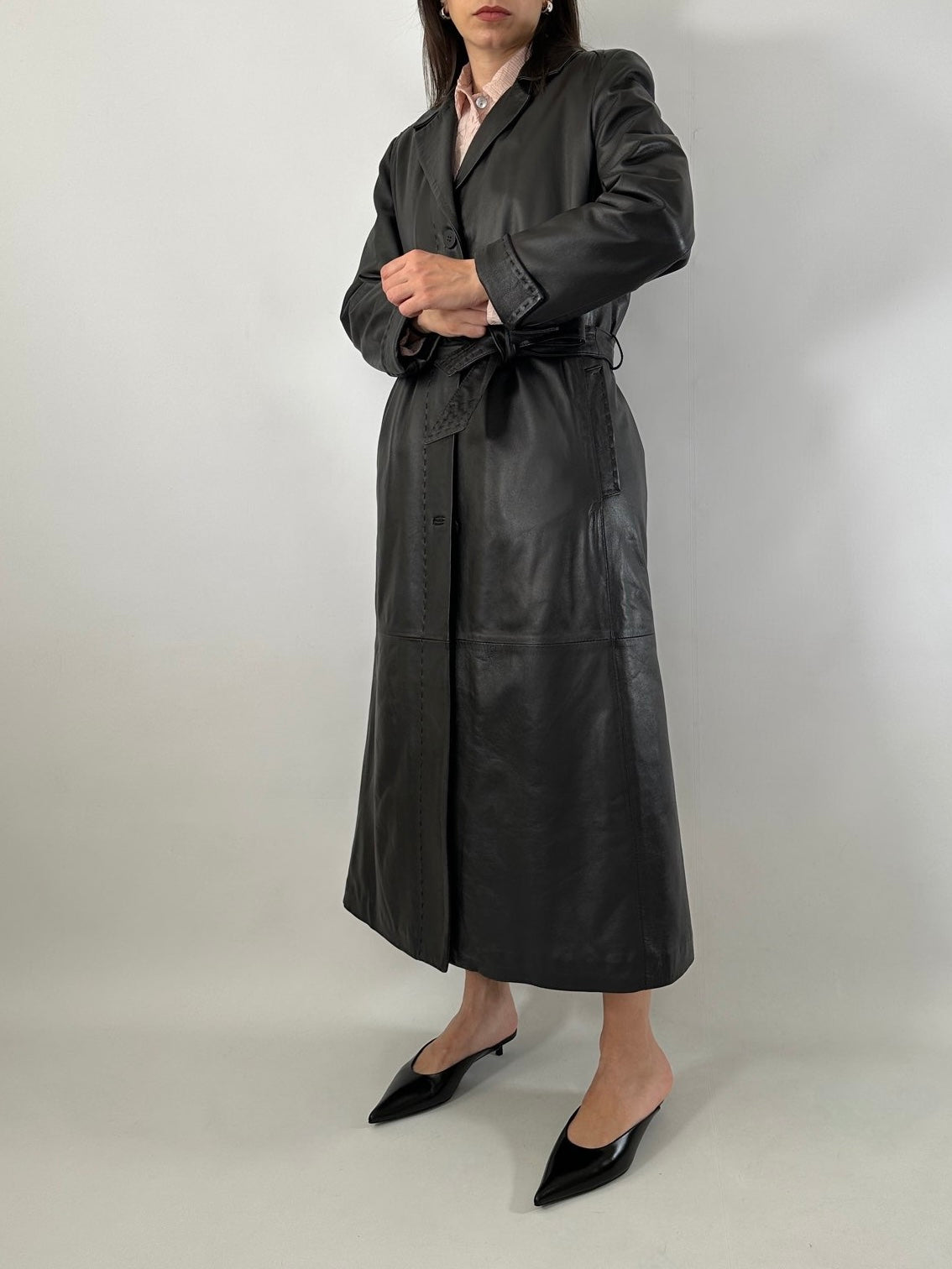 Extra-long nappa leather vintage trench coat