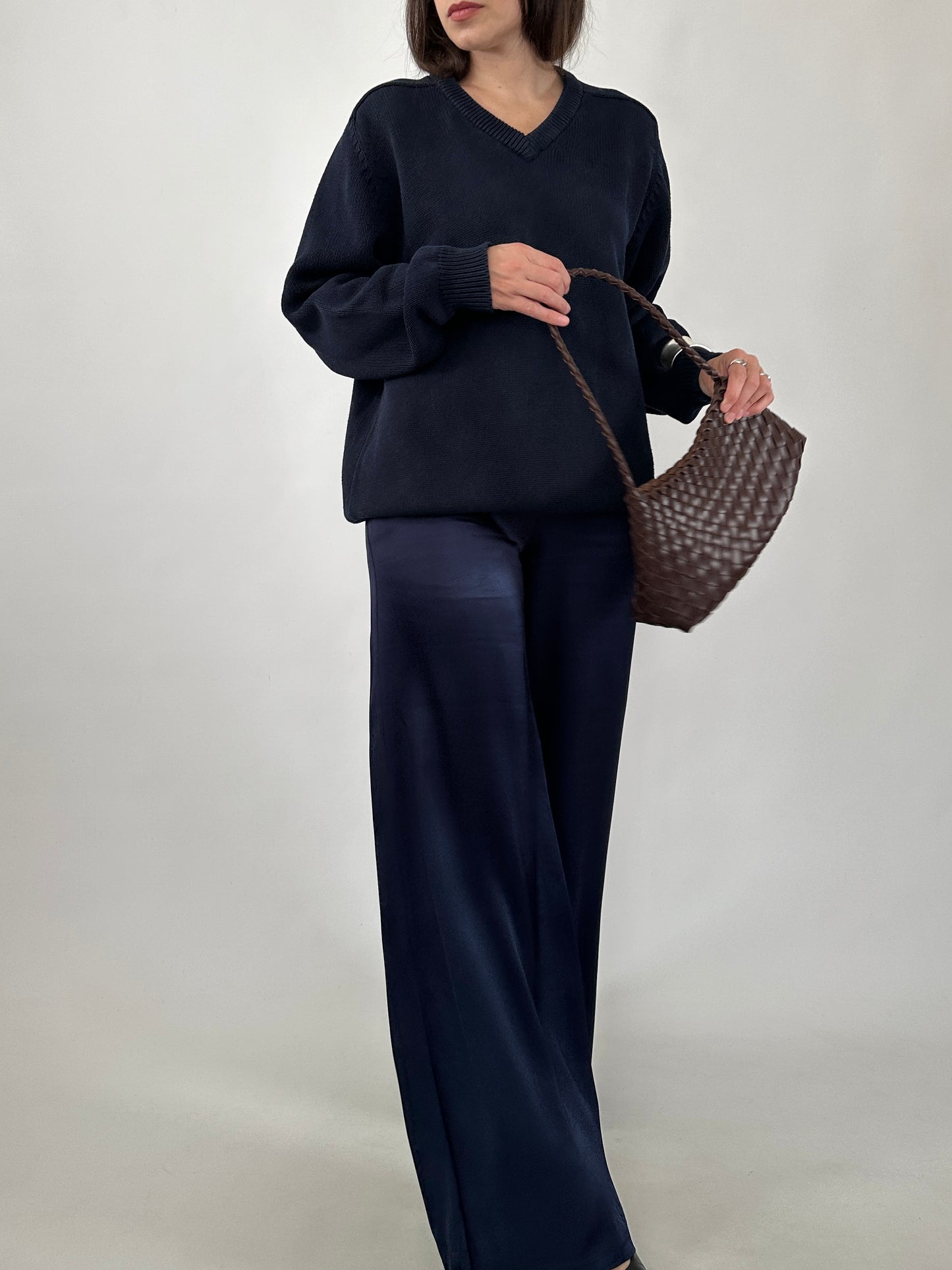 Navy Cotton V-Neck Sweater