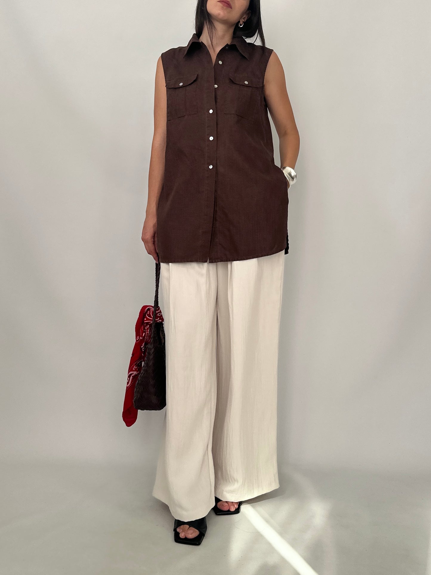 Sleeveless Long Linen Utility Shirt
