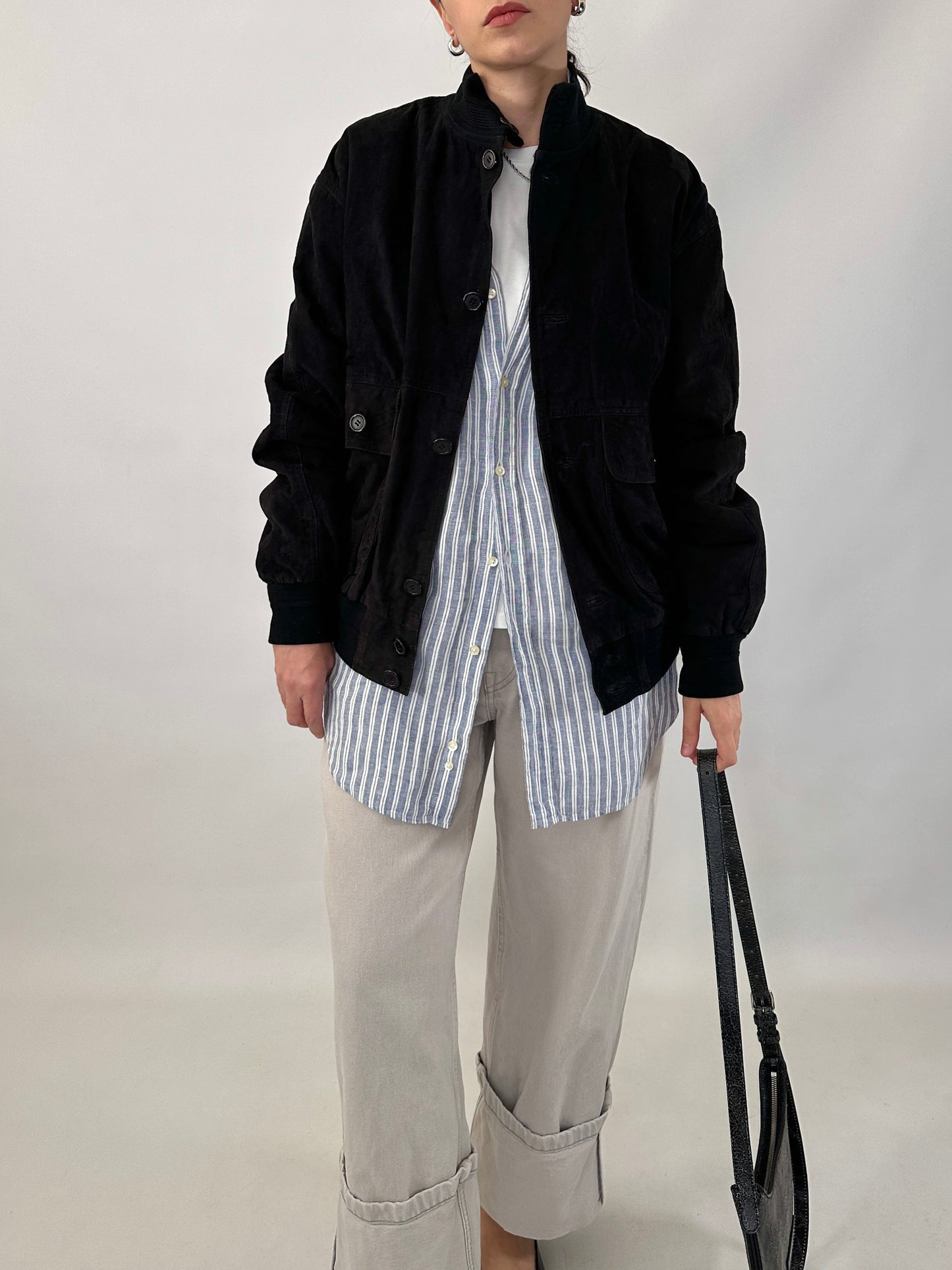 Vintage black bomber jacket in suede