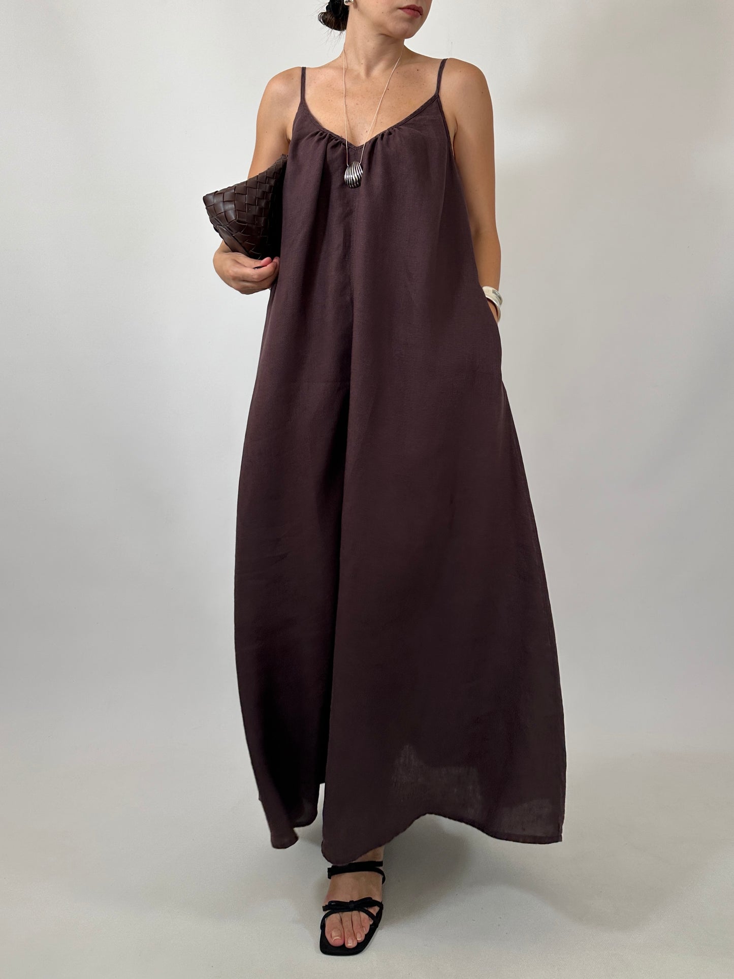 Chocolate Brown 100% Linen Maxi Dress