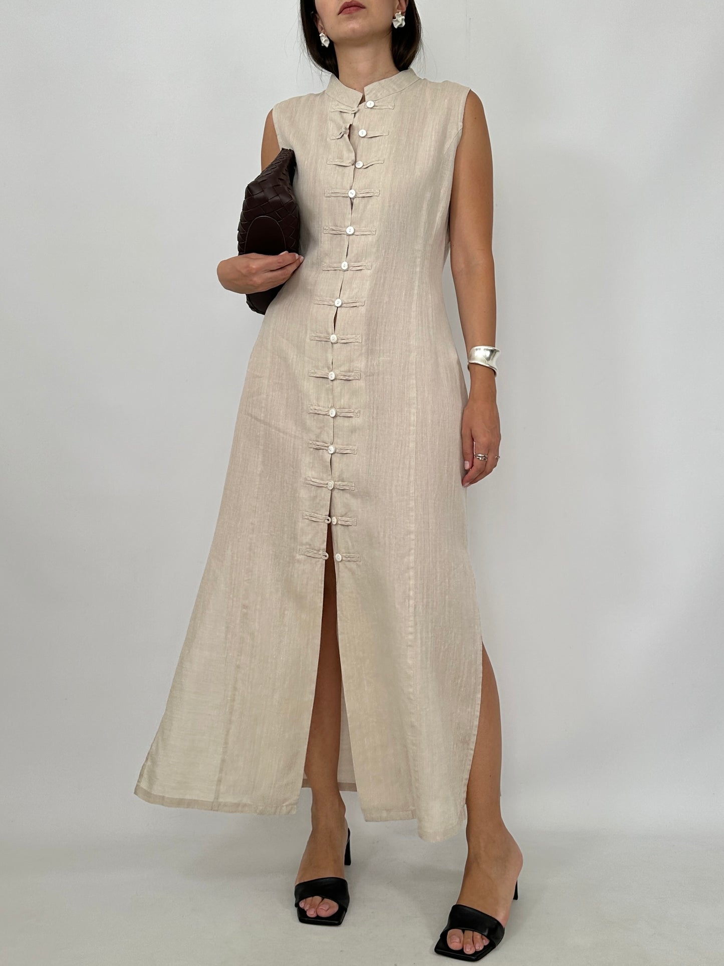 Pure Linen Mandarin Midi Dress