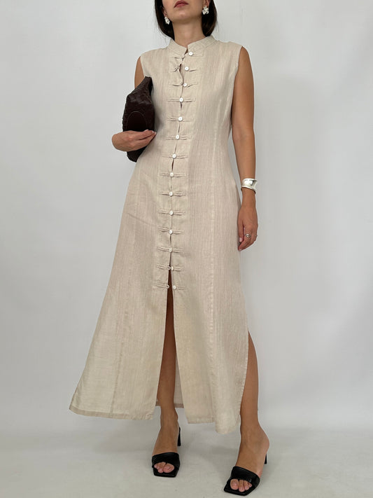 Pure Linen Mandarin Midi Dress