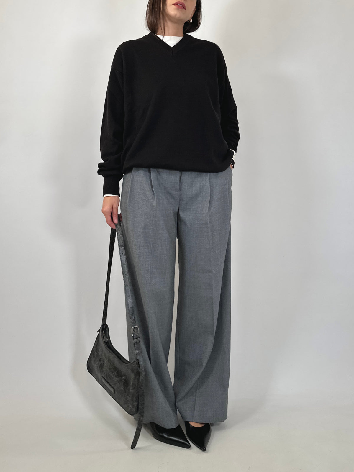 Black Fine Wool V-Neck Sweater